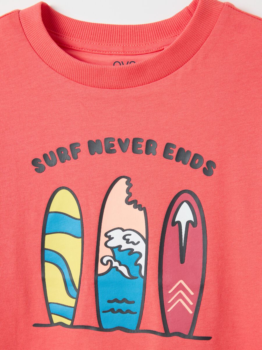 Pink cotton T-shirt with "Surf Never Ends" print_2