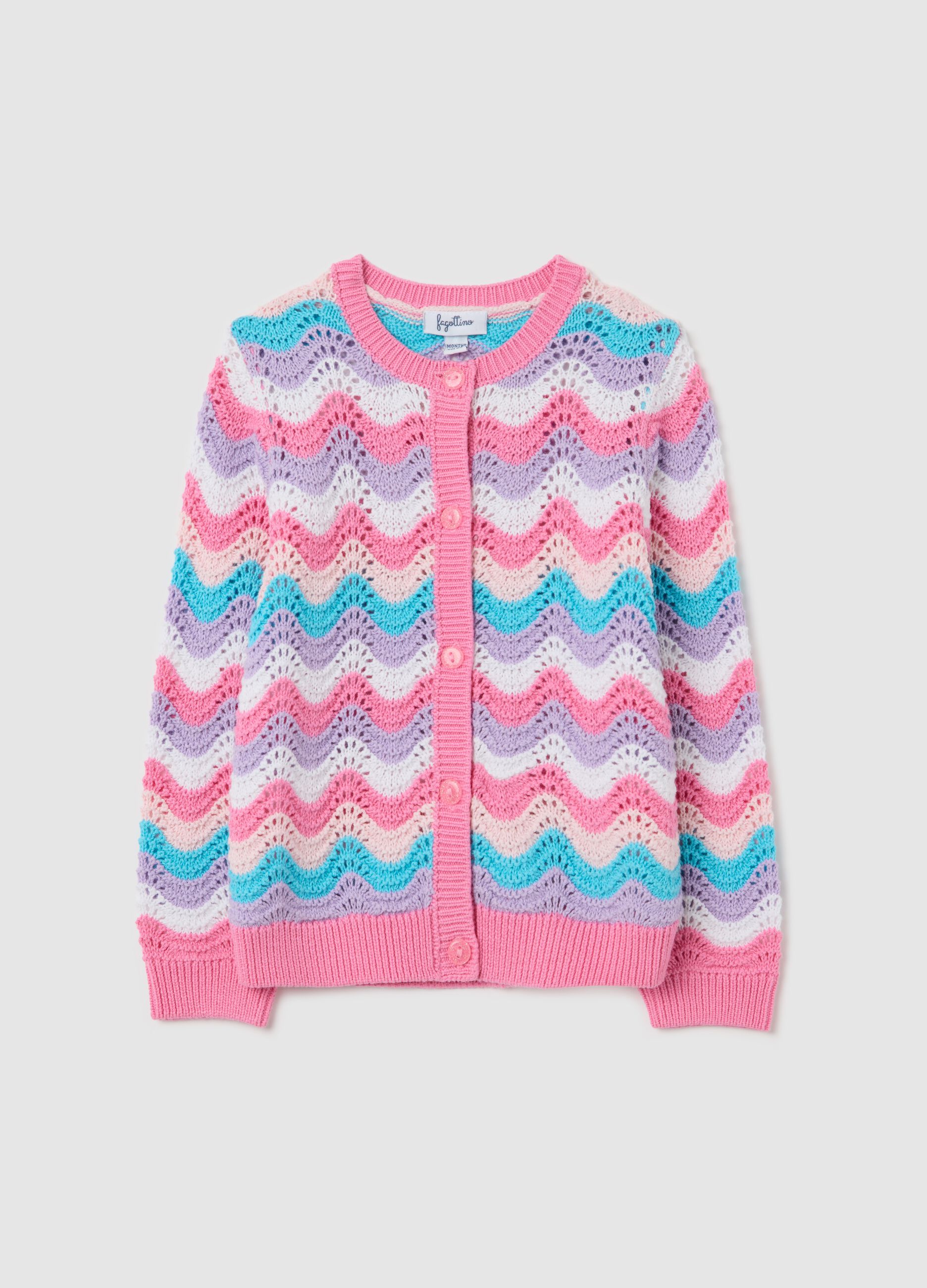 Pink and light blue cardigan with striped openwork design