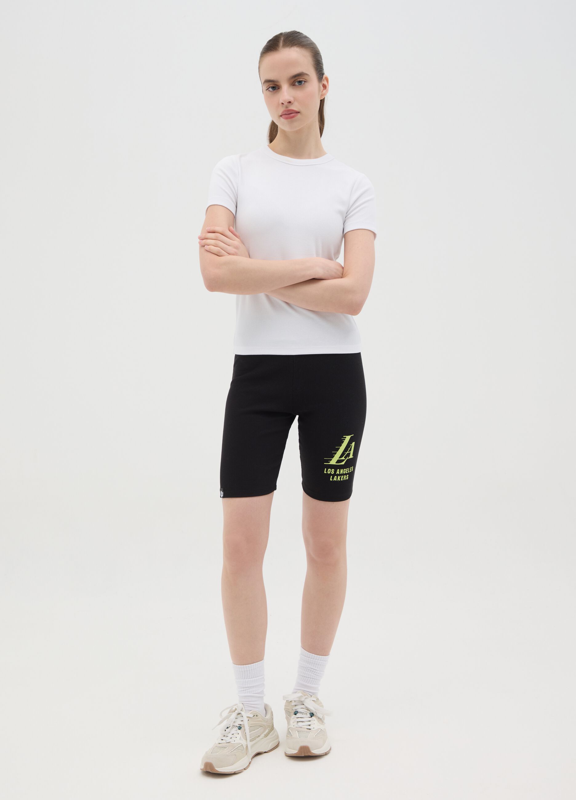 Black cycle shorts with NBA Los Angeles Lakers print