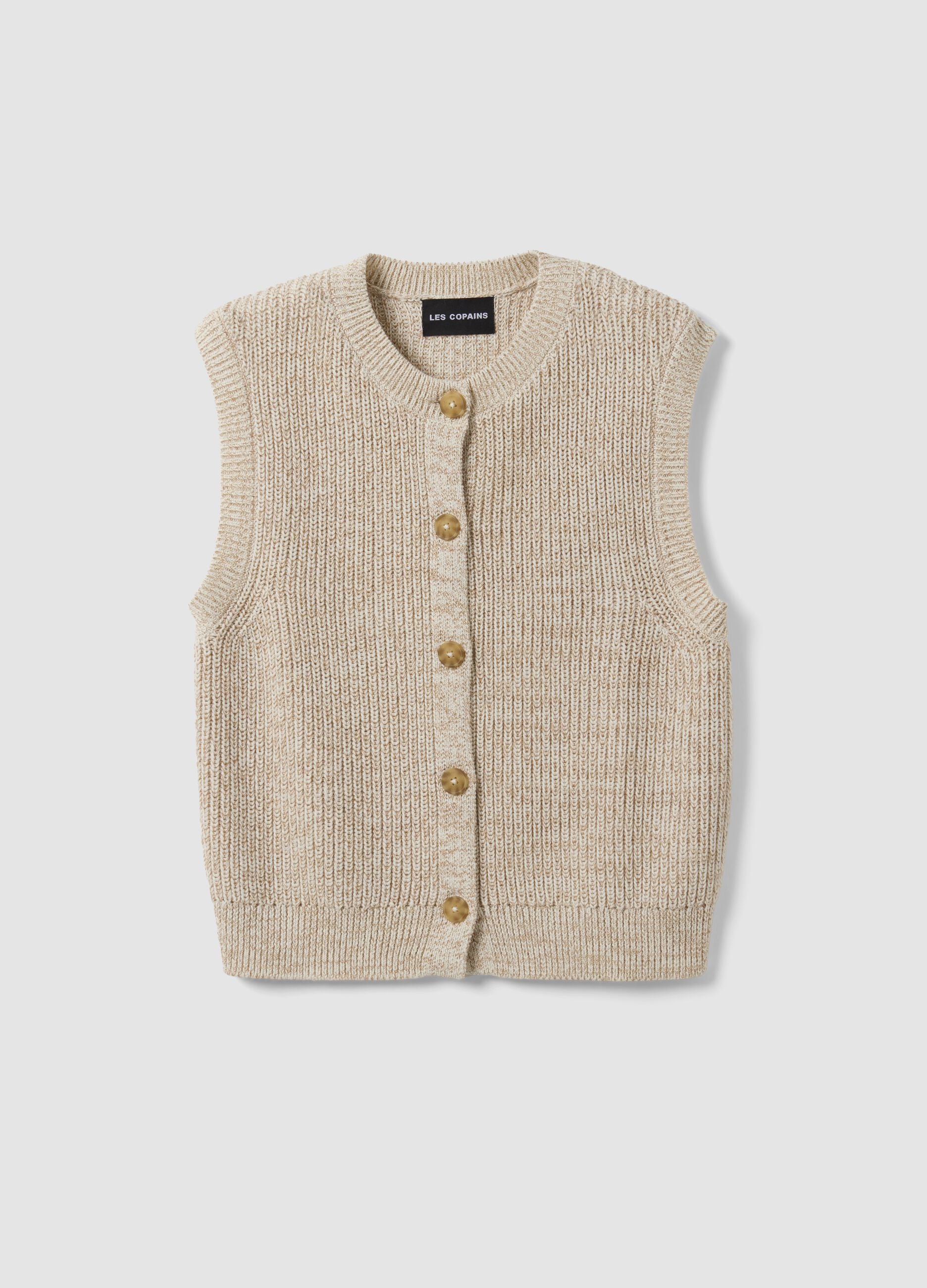 White pure cotton knitted gilet with crew neck, regular fit