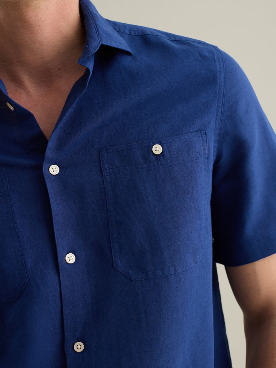 Blue Short Sleeve Linen and Cotton Piombo Shirt_2