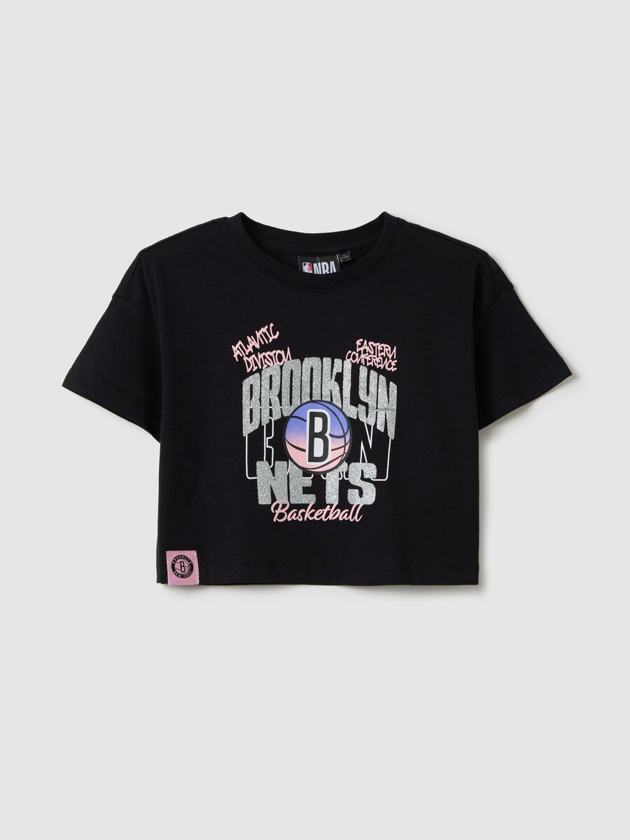 T-shirt nera crop in cotone NBA Brooklyn NETS_0