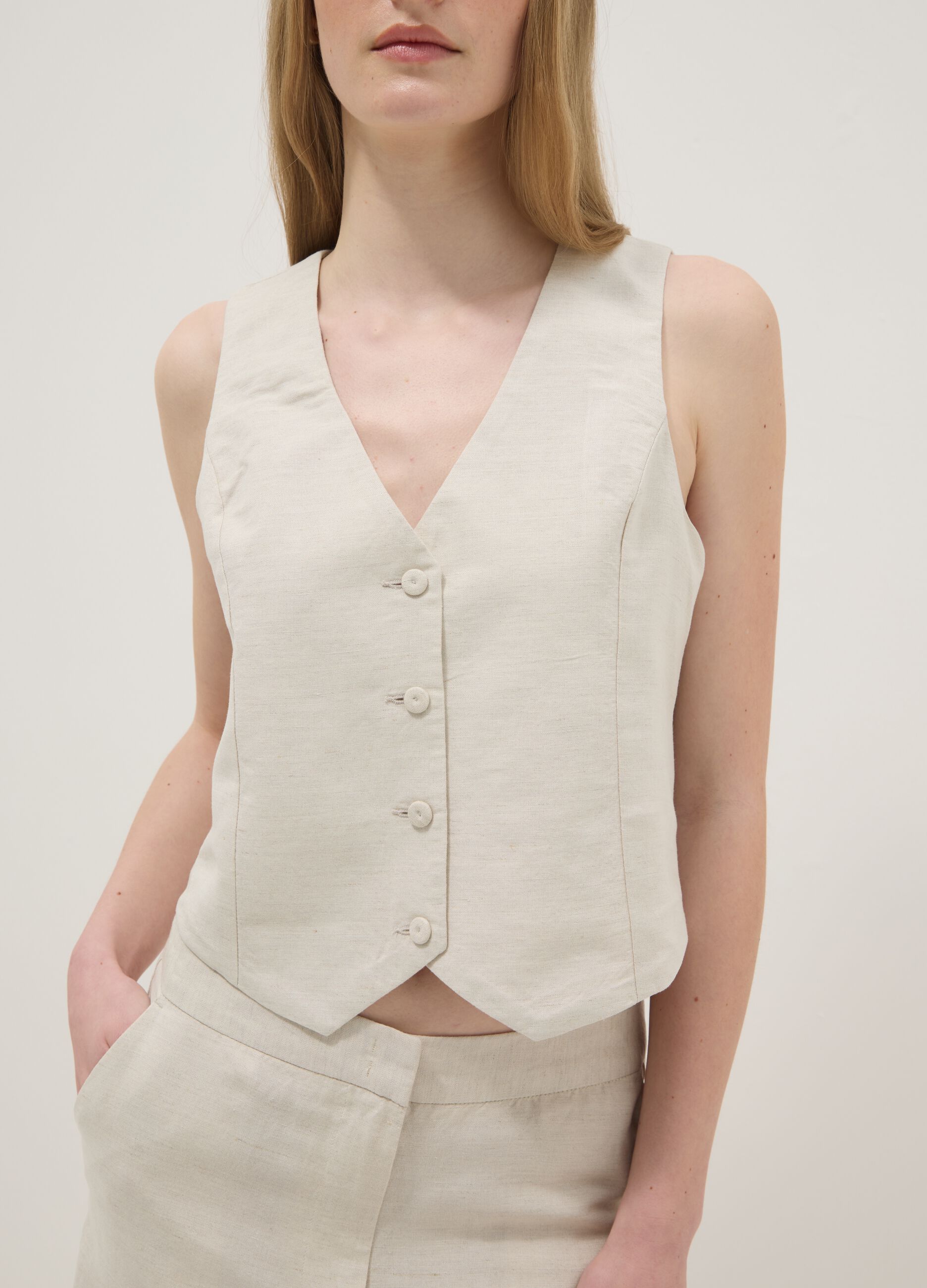 Beige linen-blend slim-fit waistcoat with buttons