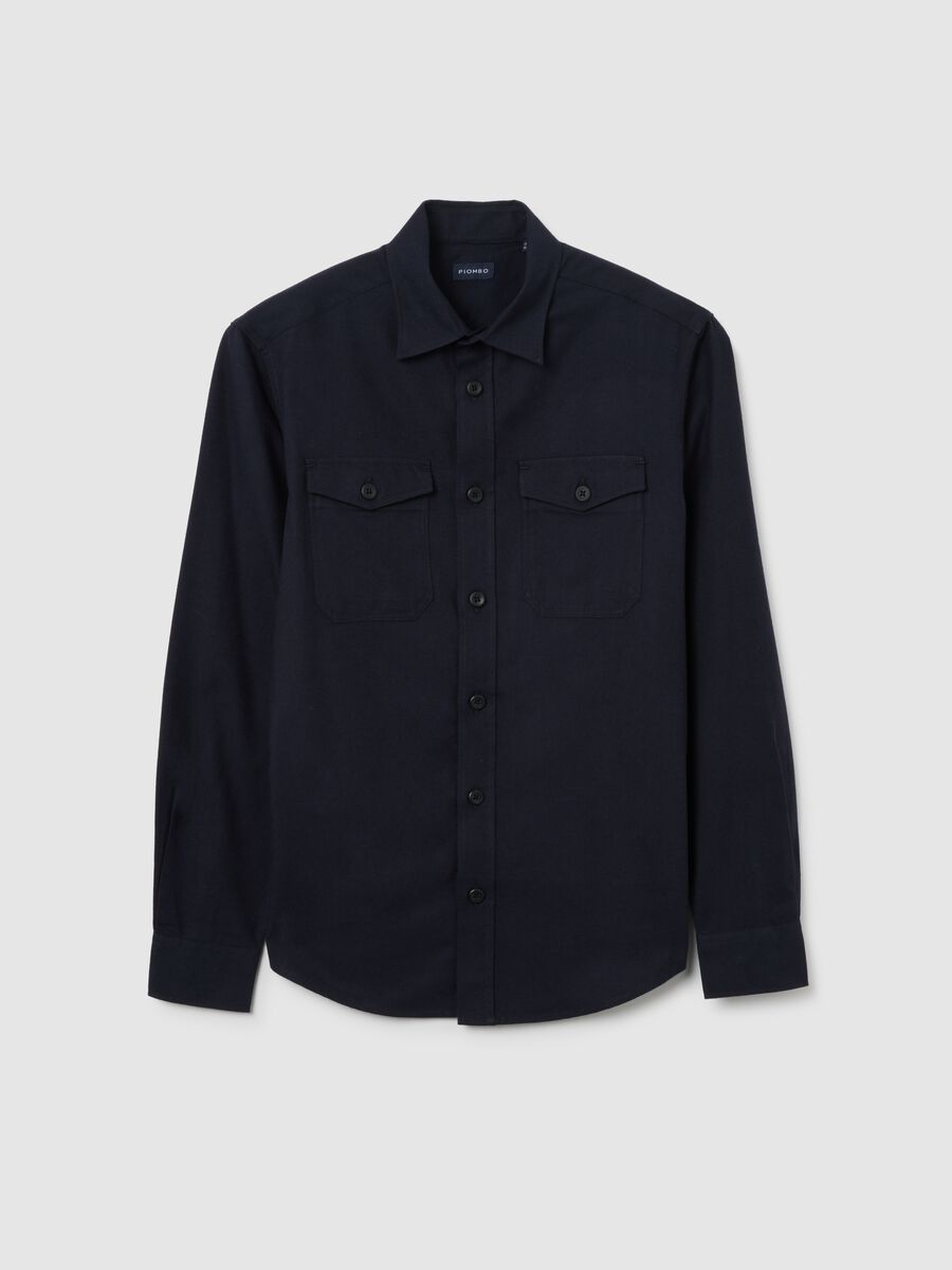 Camicia in misto cotone e lana nera regular fit con colletto classico_0