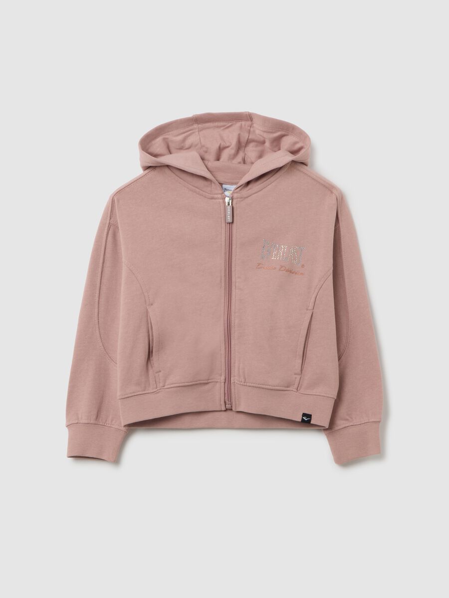 Felpa con cappuccio da bambina in puro cotone rosa e zip_0