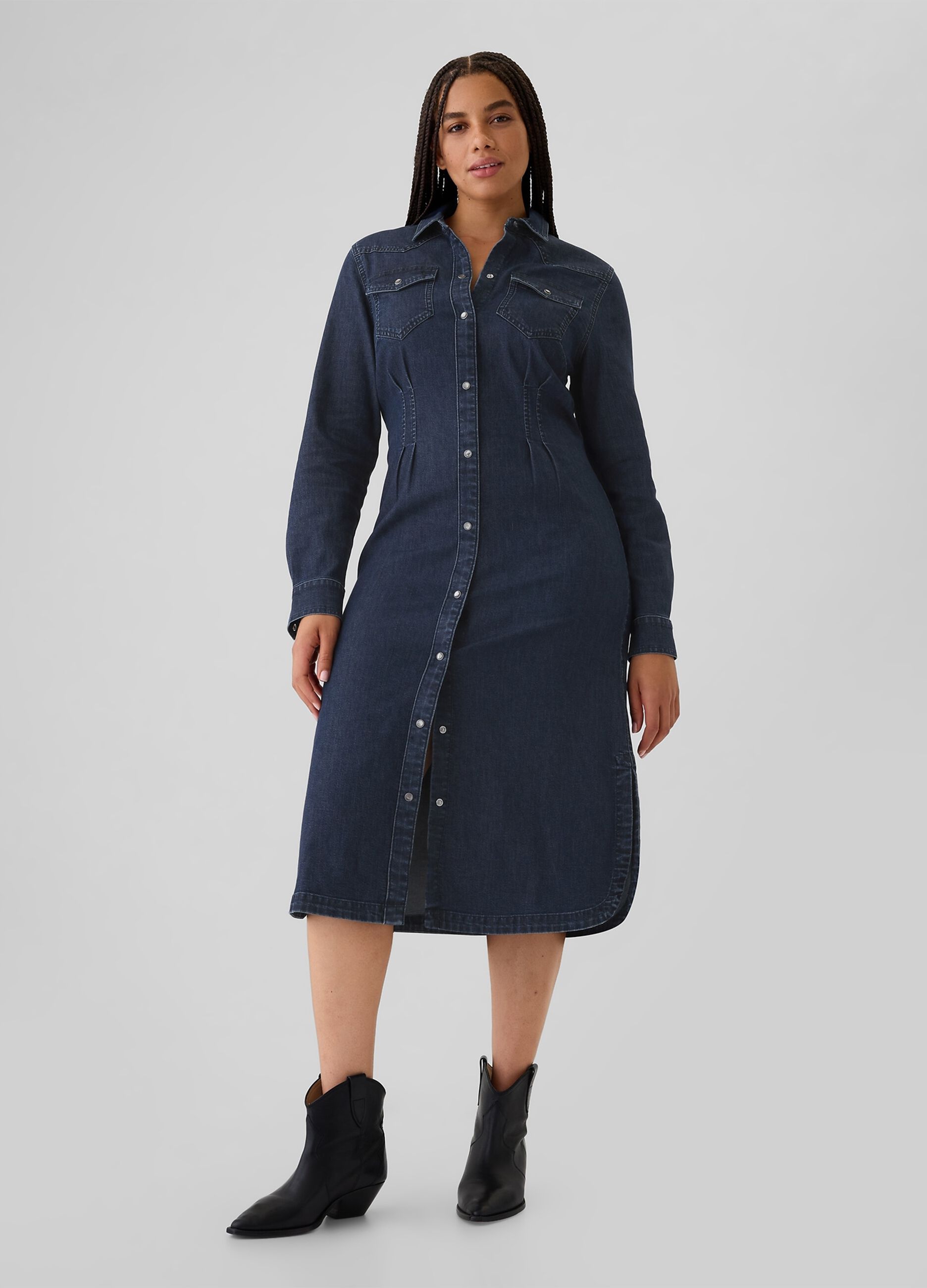 Denim shirt dress with pleats