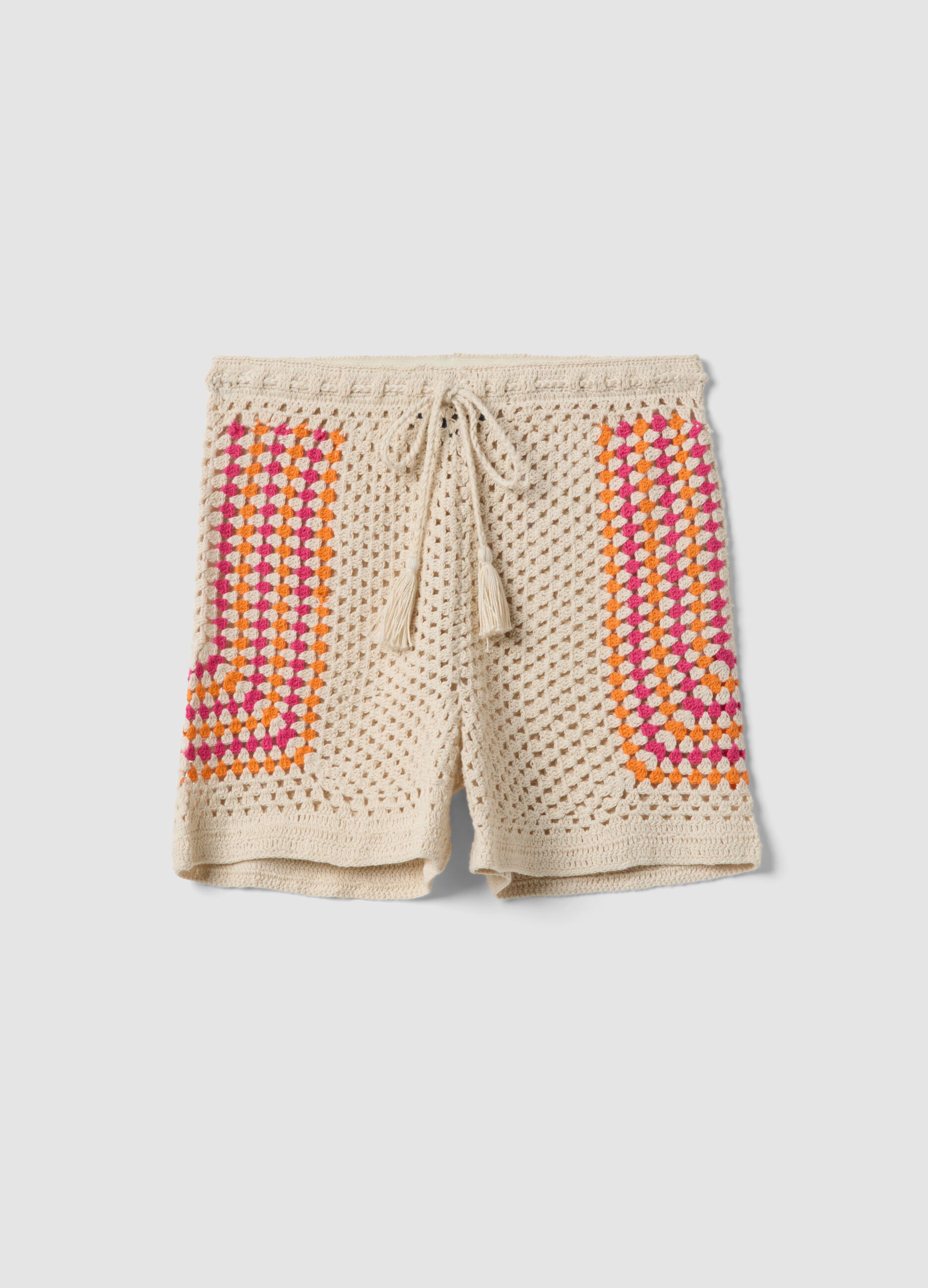 Beige pure cotton crochet shorts