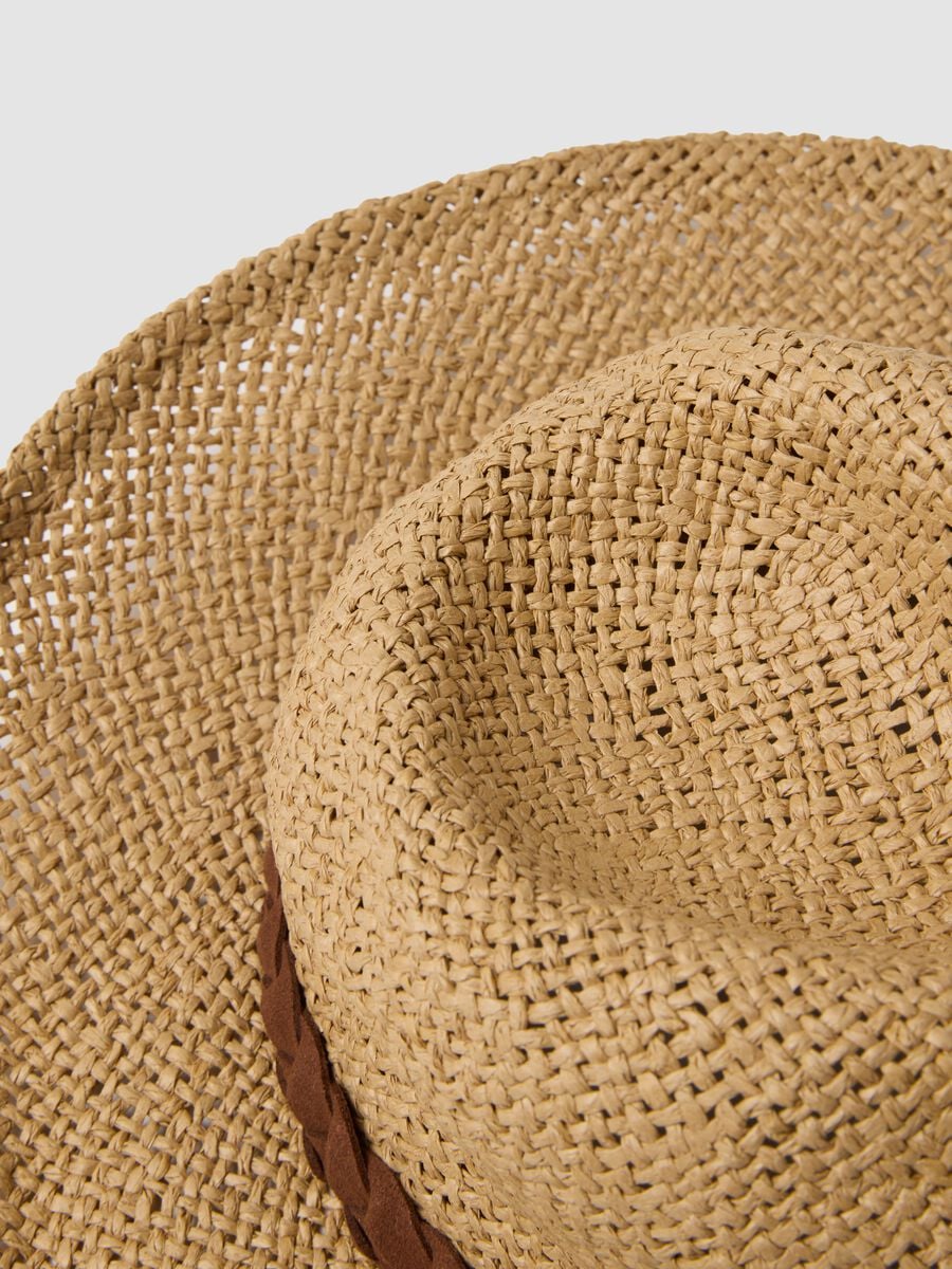 Cappello panama beige in puro tessuto carta con fascia marrone_3