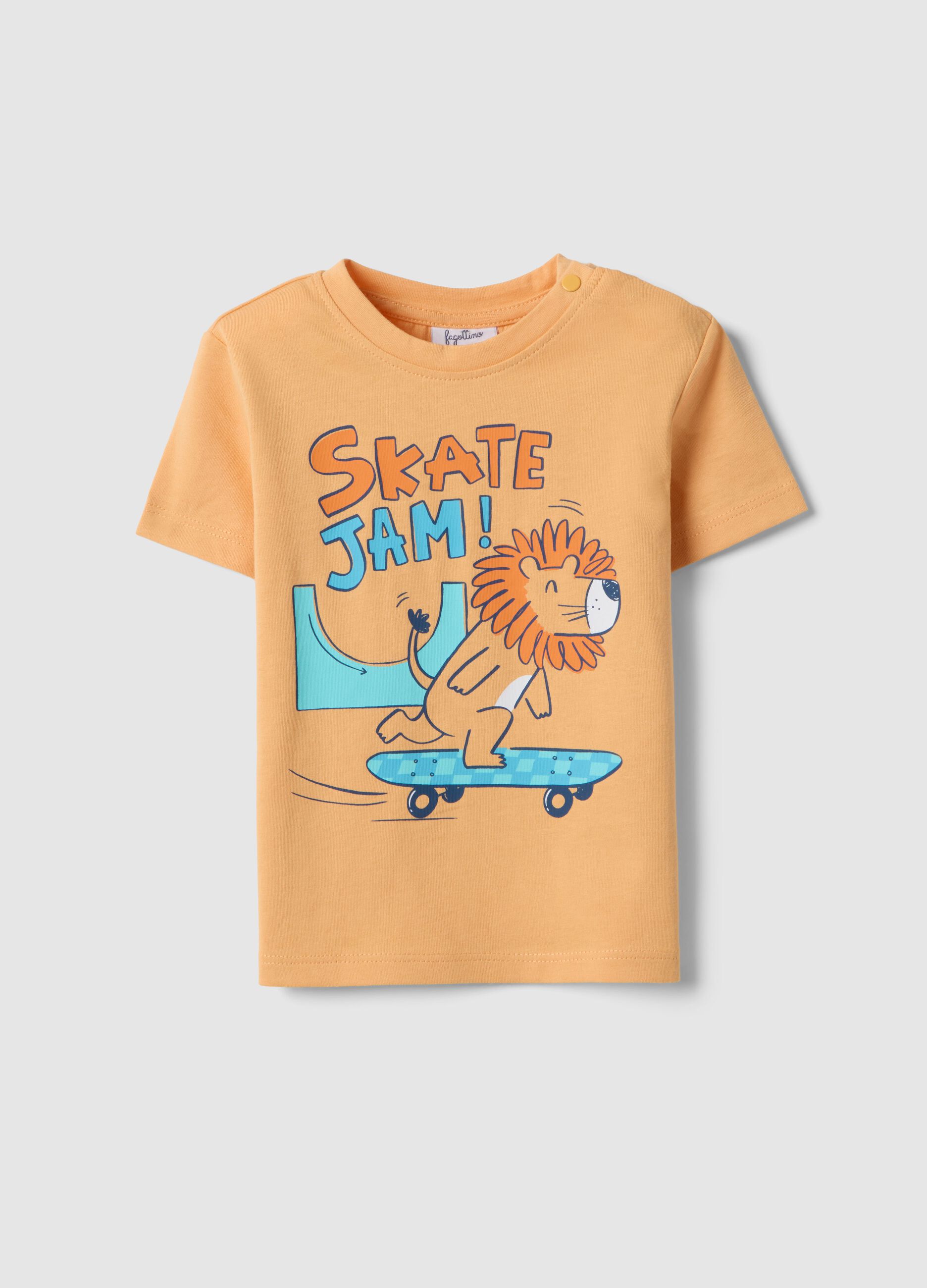 Orange pure cotton child's T-shirt with skater print, regular fit