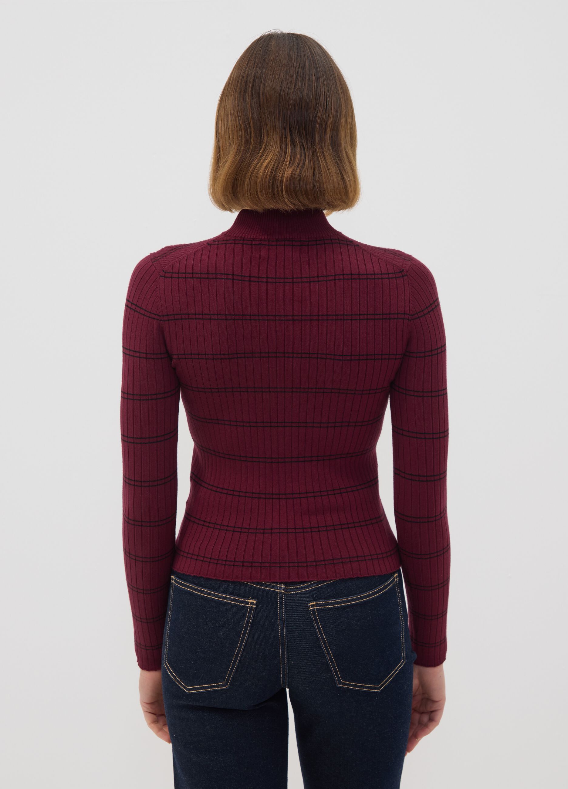 Dark red viscose-blend fitted jumper with funnel neck