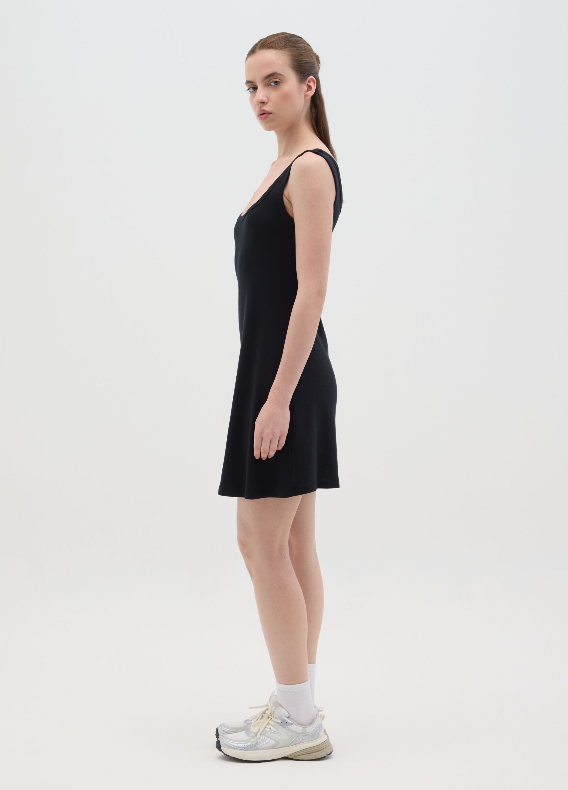 Women's short dress in pure black cotton, regular fit