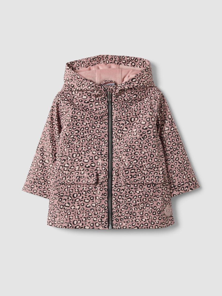 Giacca rosa imbottita con cappuccio e stampa animalier per bimba_0