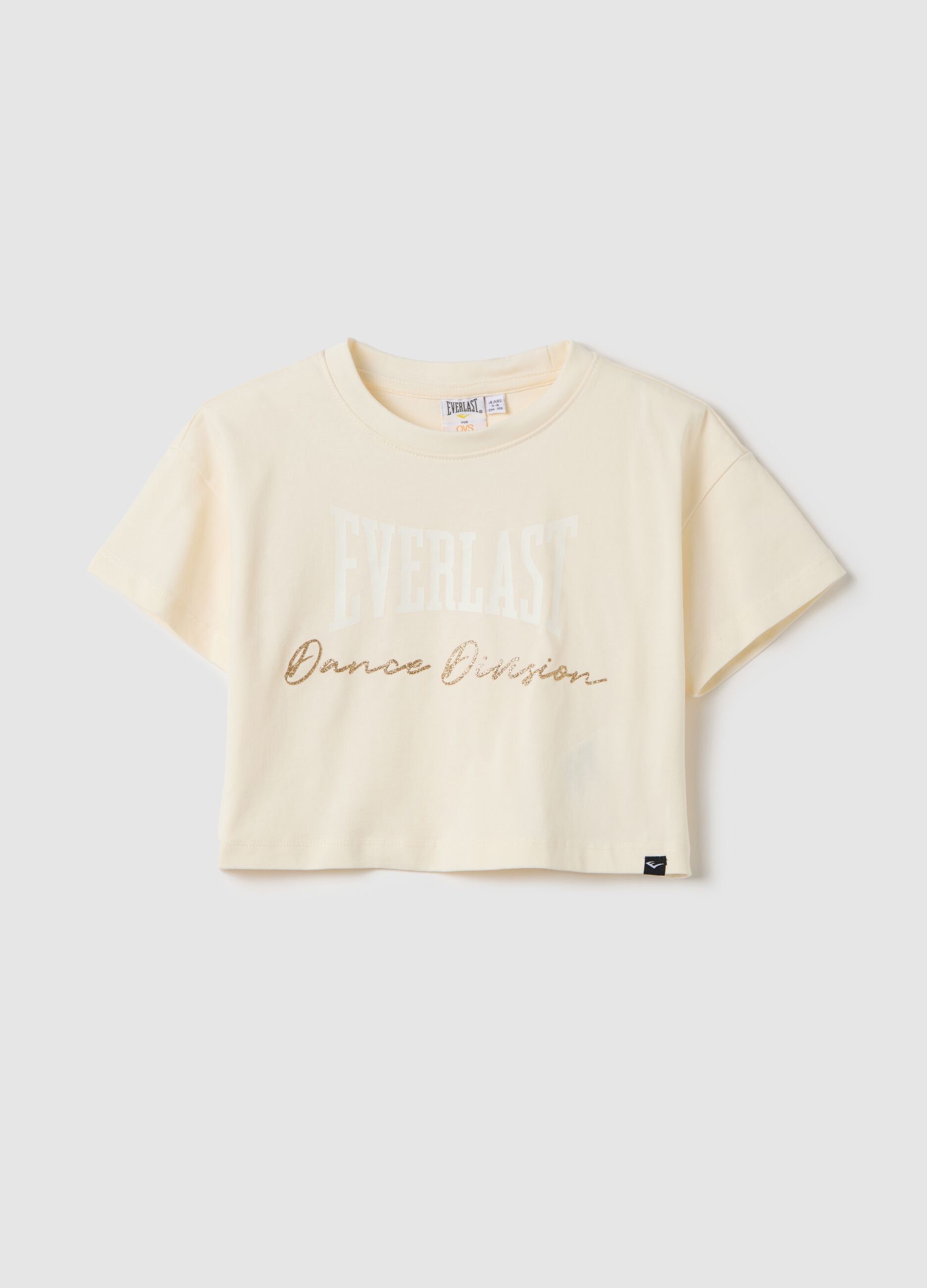 Beige crop T-shirt with logo print and glitter details
