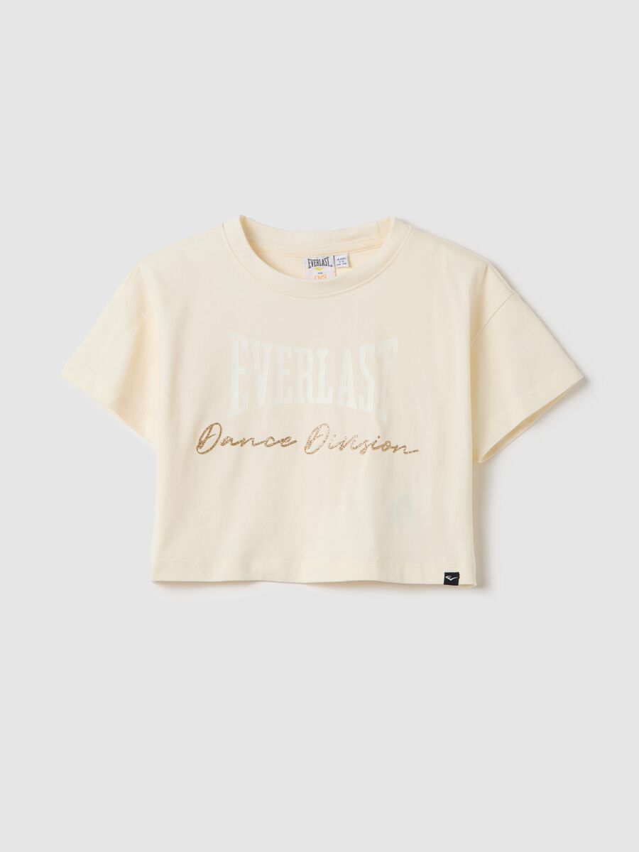 Beige crop T-shirt with logo print and glitter details_0