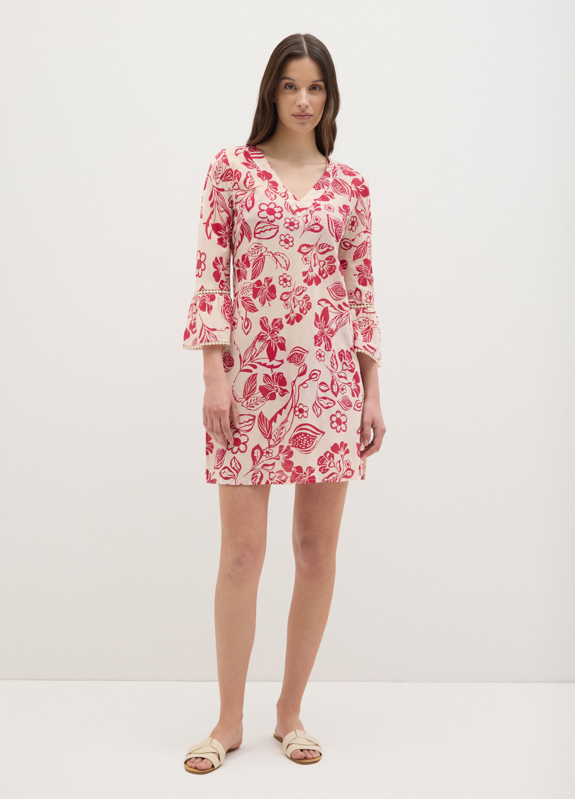 Women’s short dress in 100% multicoloured cotton with floral print