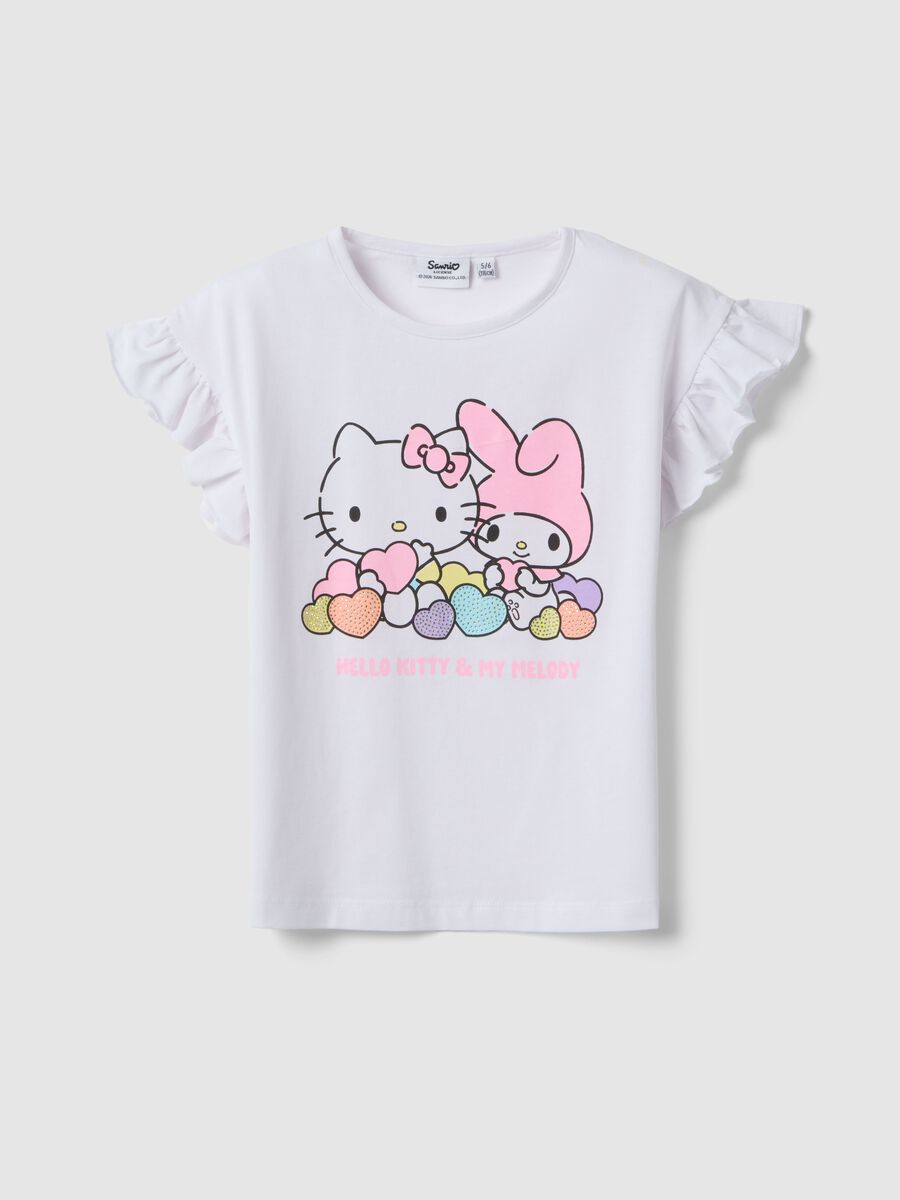 Girls' White Stretch Cotton T-shirt with Hello Kitty_0