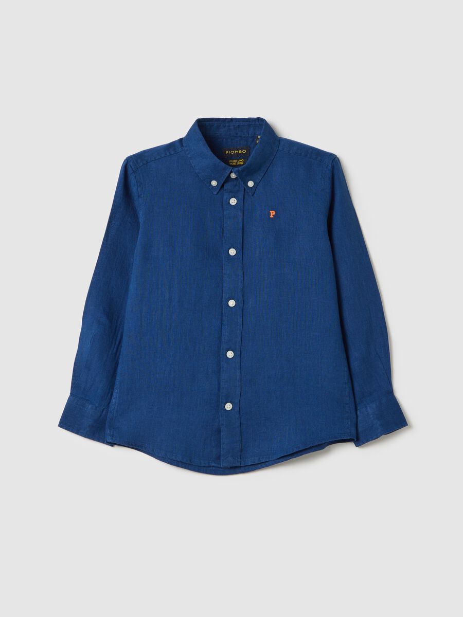 Blue linen shirt with logo embroidery_3