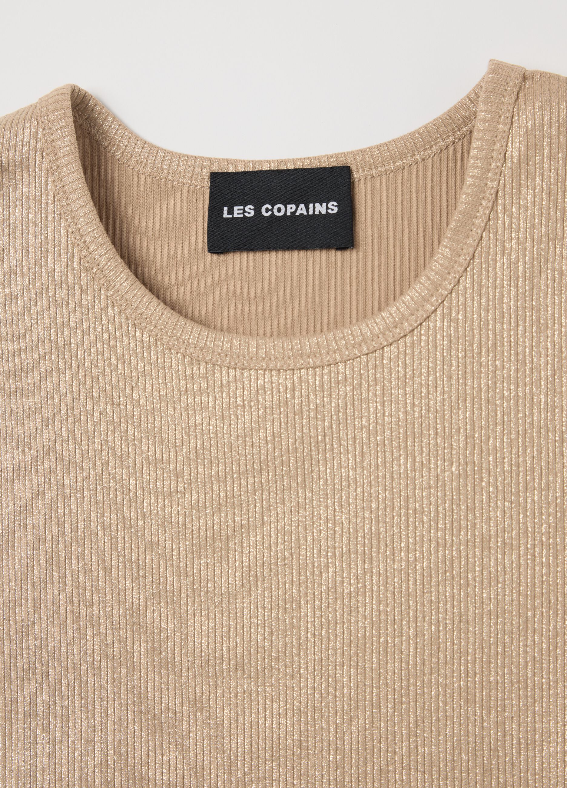 Beige ribbed tank top with lurex