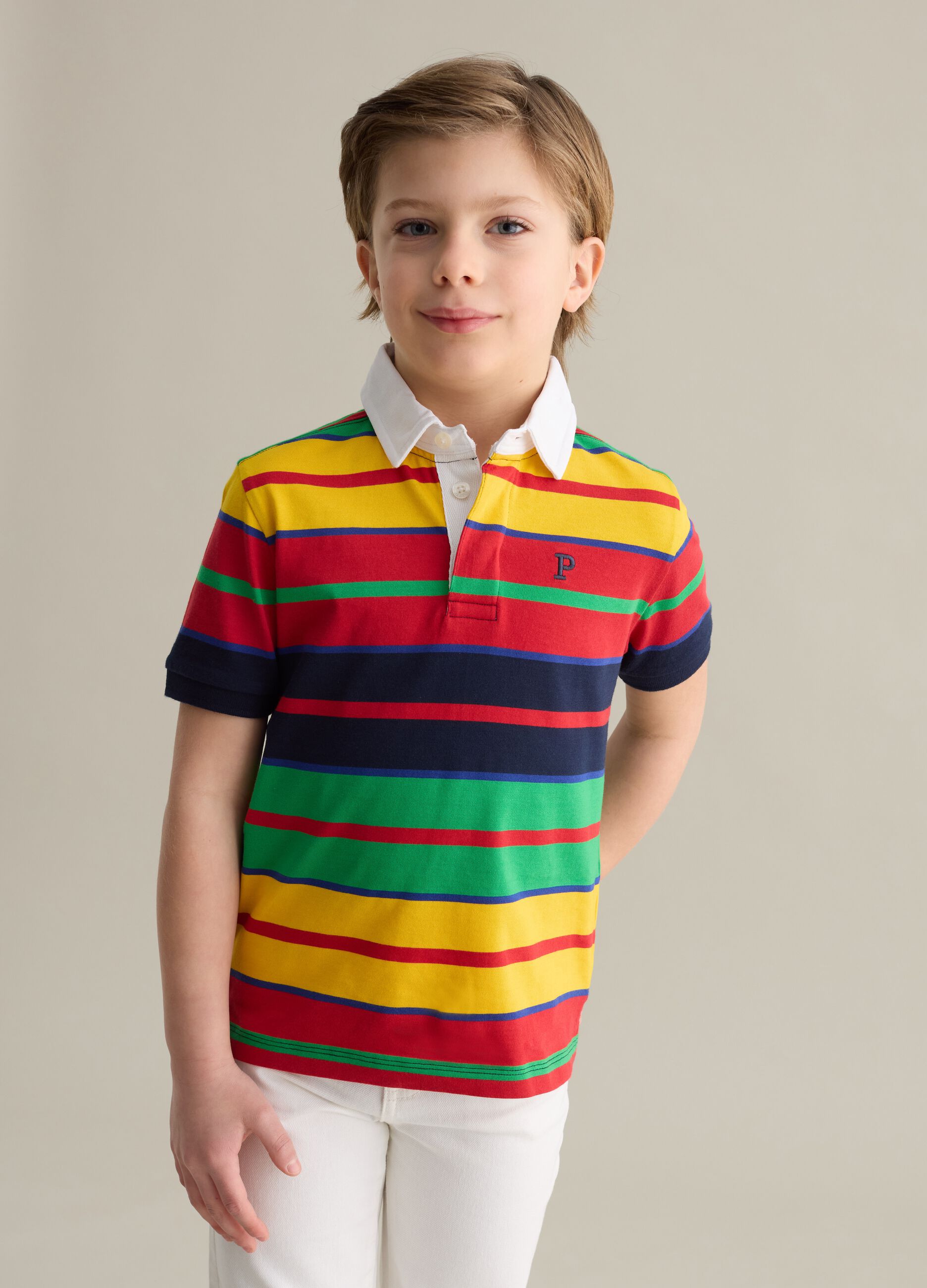 Cotton polo shirt with multicoloured stripes and logo embroidery