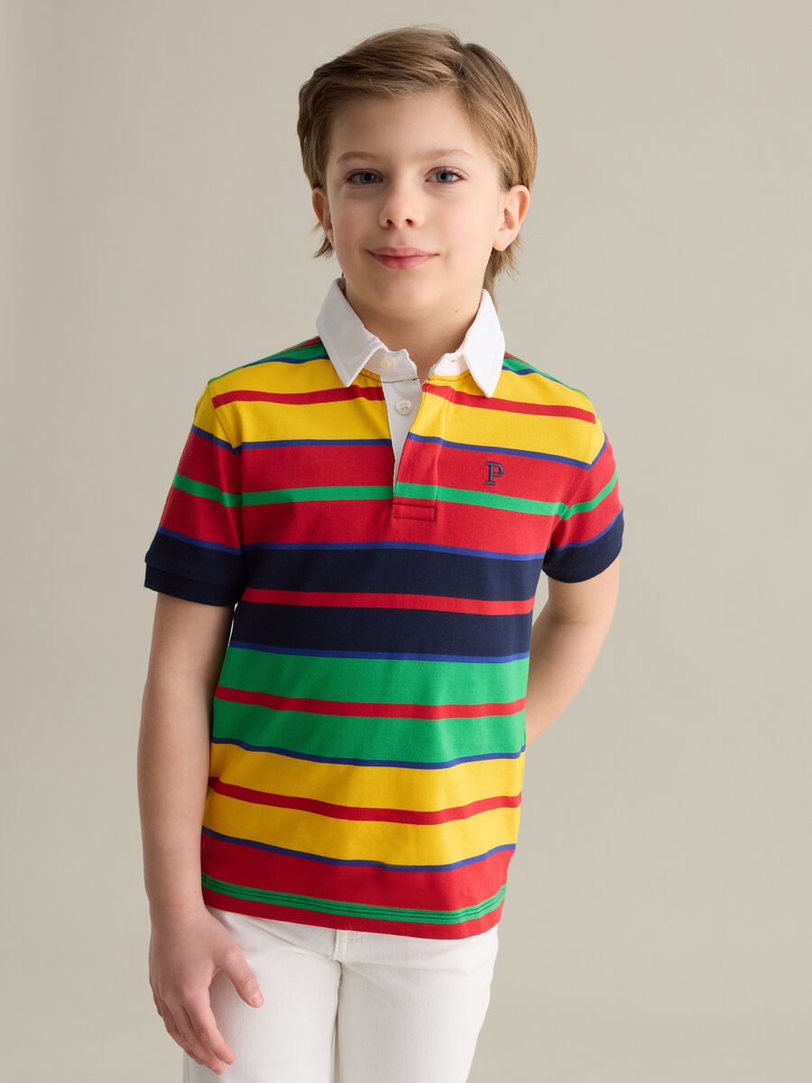 Cotton polo shirt with multicoloured stripes and logo embroidery_0