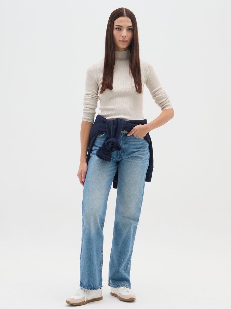 Beige Roll Neck Sweater with Fitted Fit_1