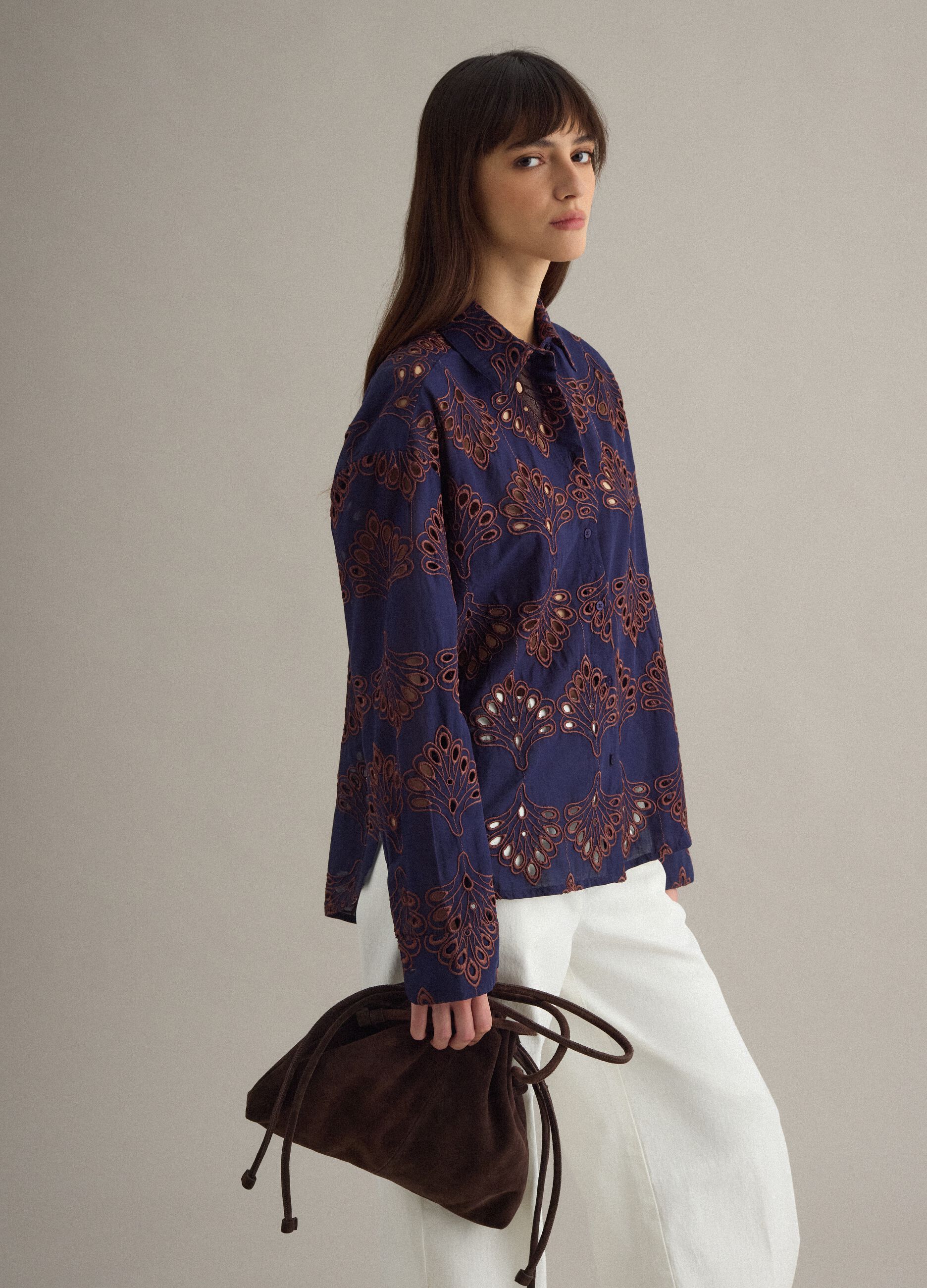 Blue short-sleeve pure cotton shirt with openwork embroidery