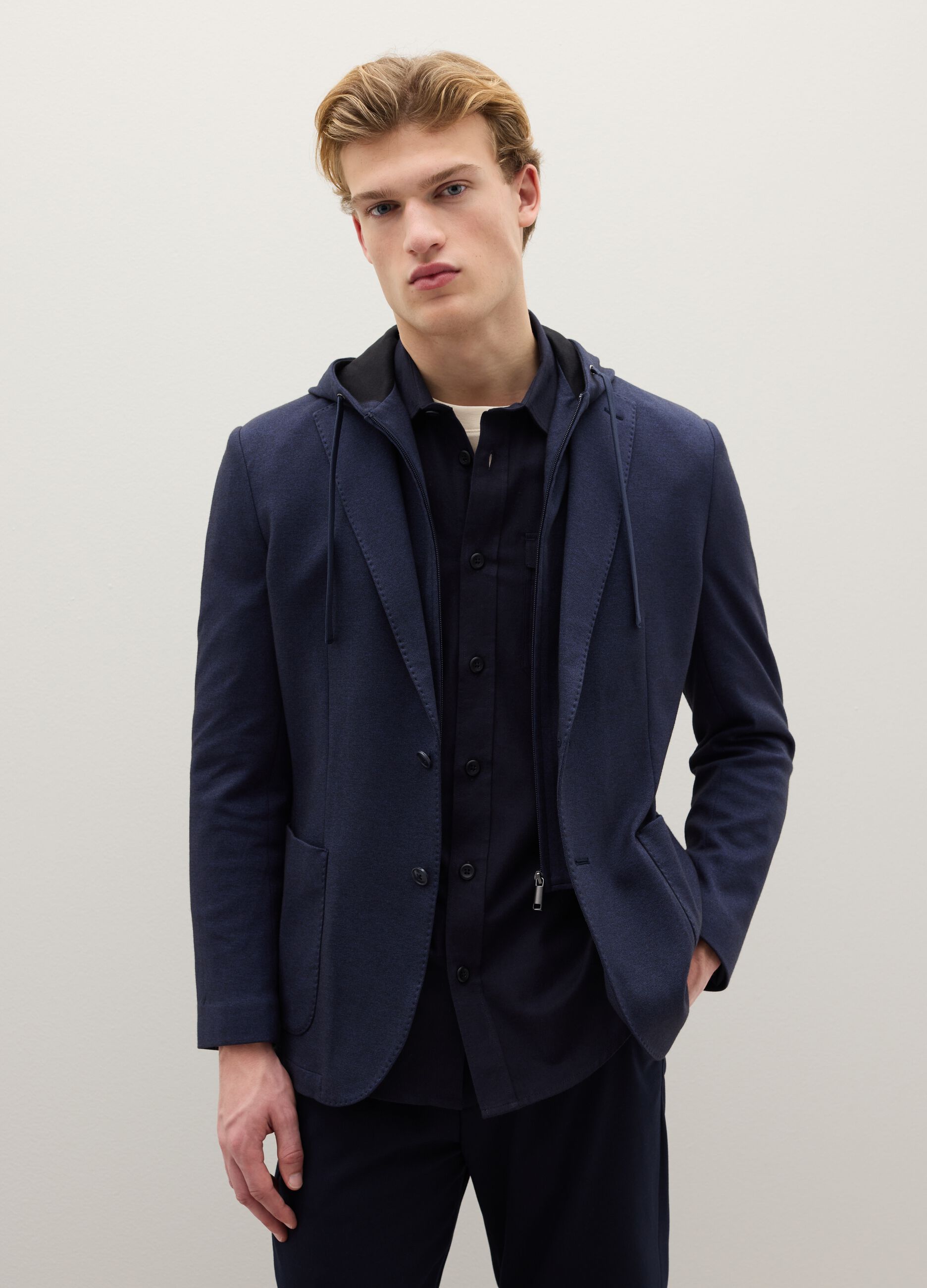 Blue Cotton Blend Regular Fit Blazer