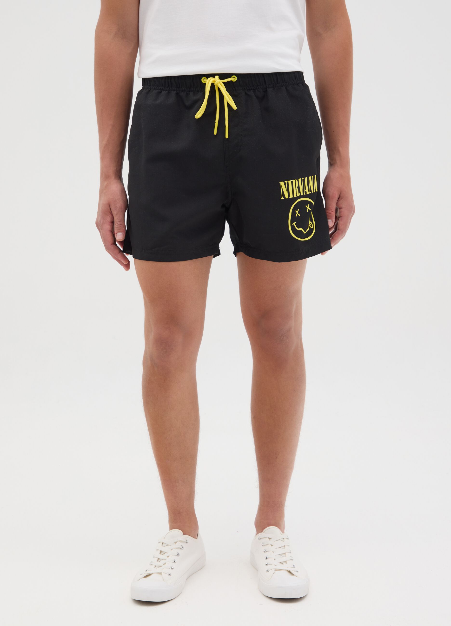 Black swimming trunks with Nirvana logo