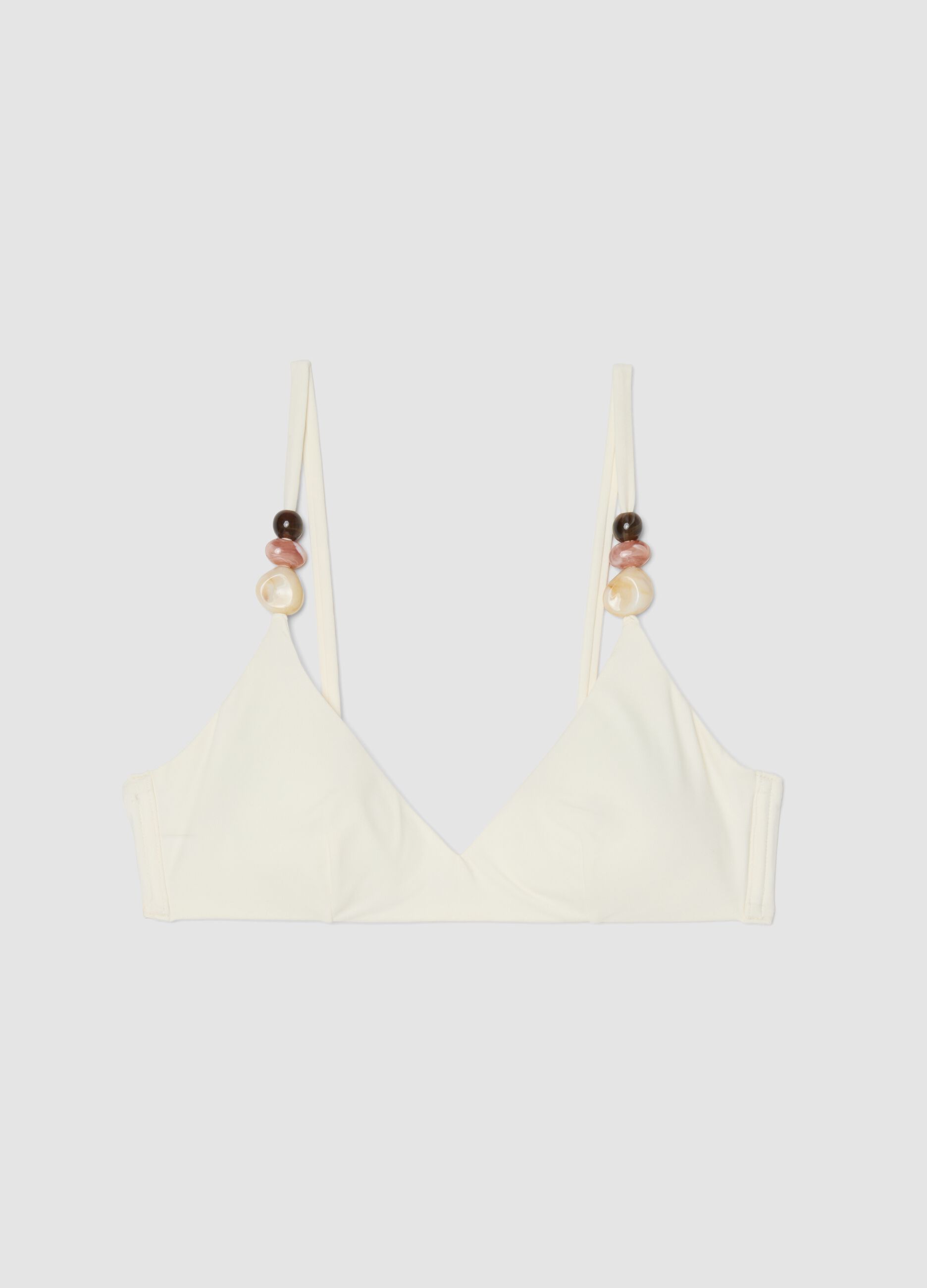 White stretch-fabric bikini top with embellished straps