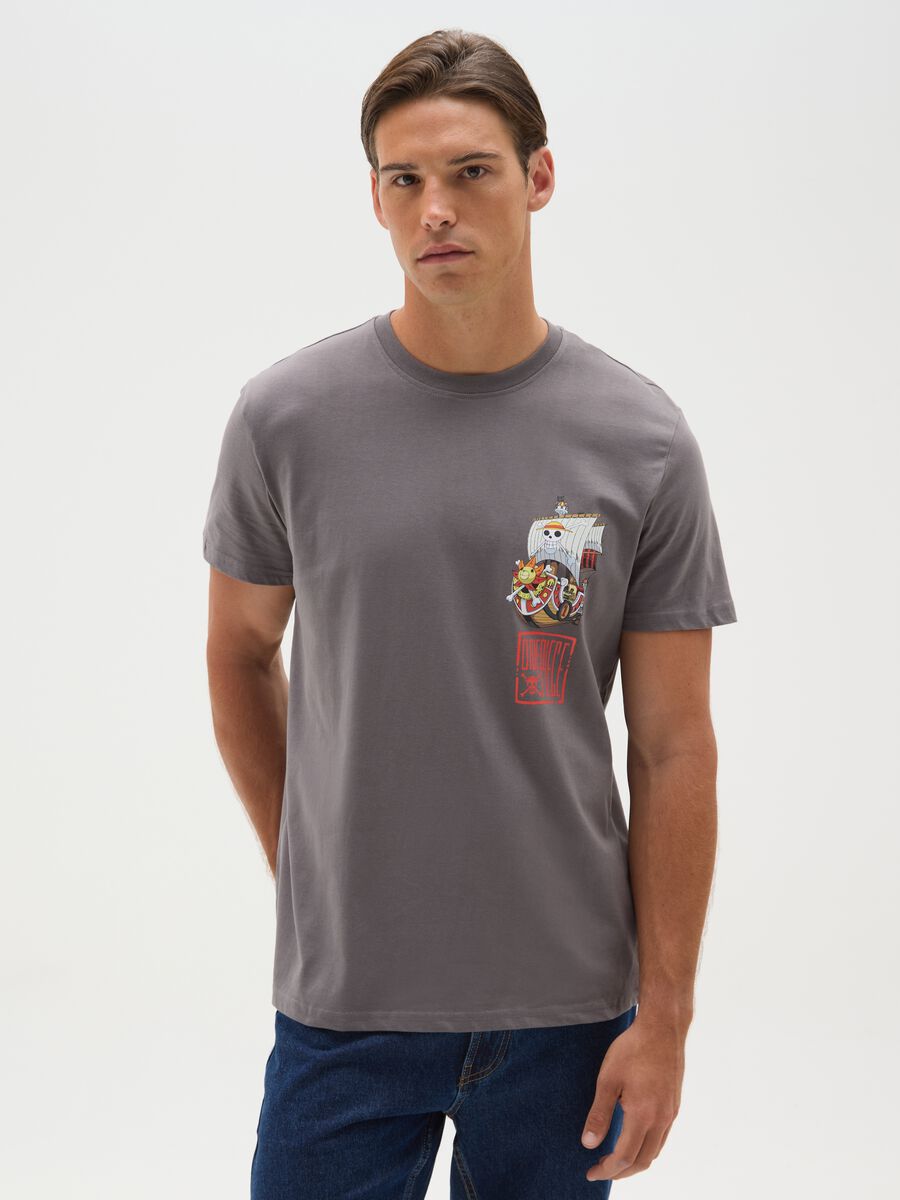 Men's grey pure cotton t-shirt regular fit with One Piece print_0