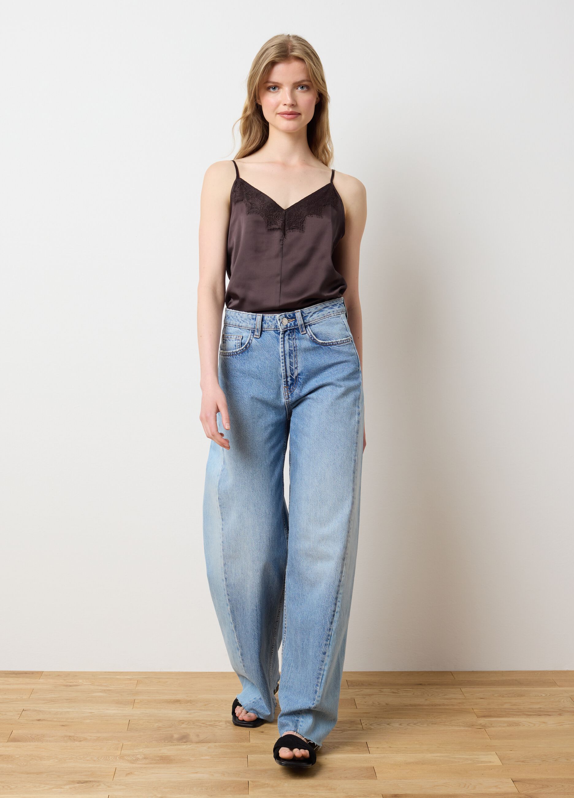 Women's brown satin blend slim fit top with lace