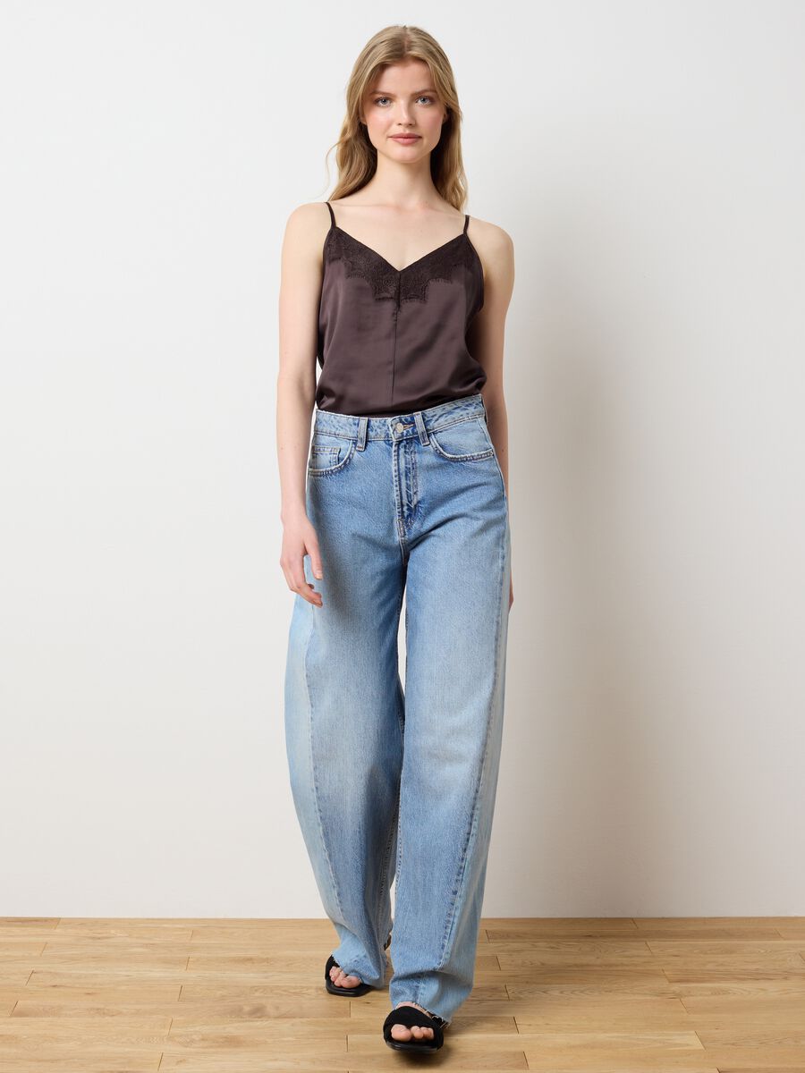 Women's brown satin blend slim fit top with lace_0