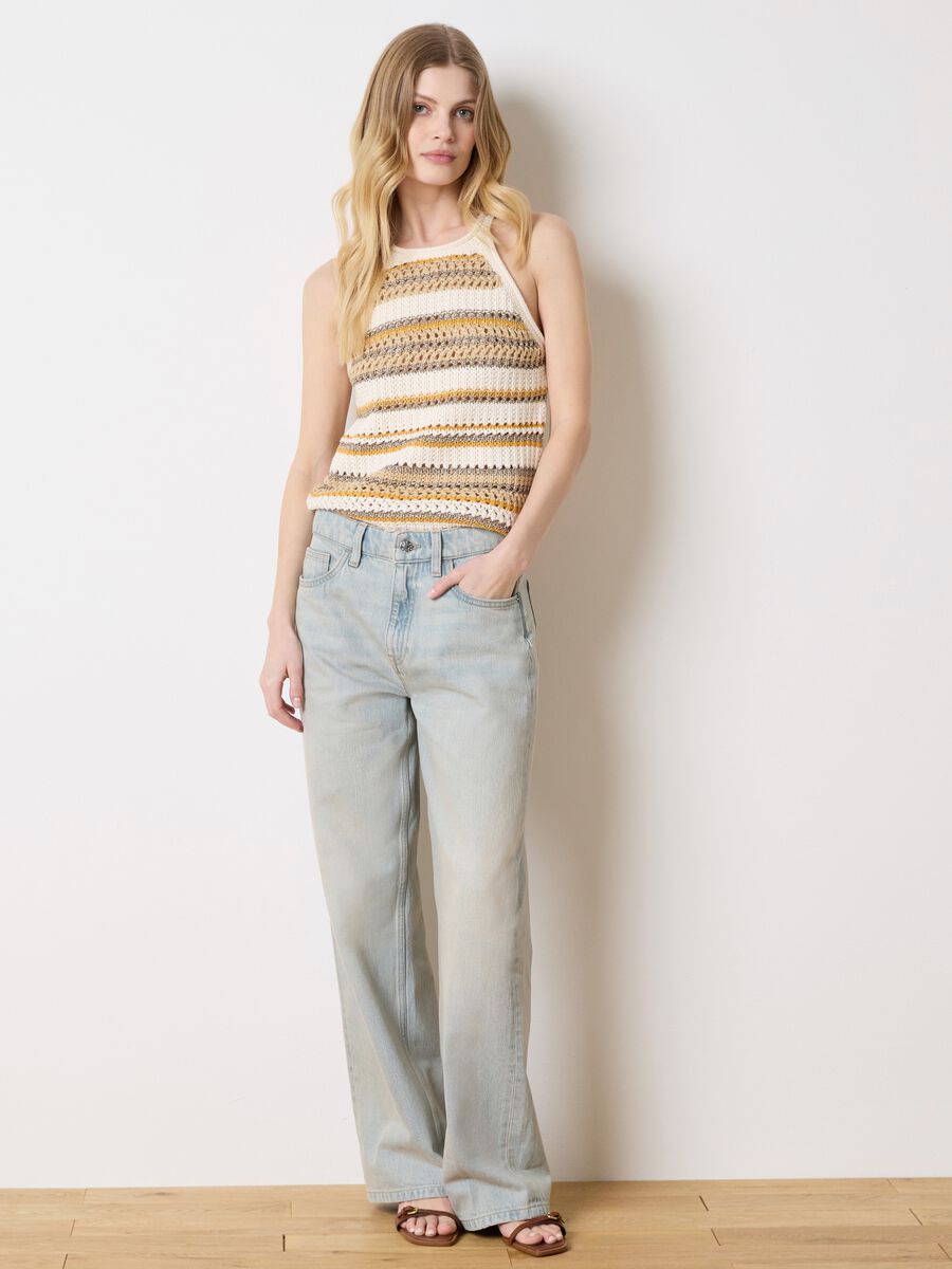 Beige and yellow striped crochet tank top with lurex details_2