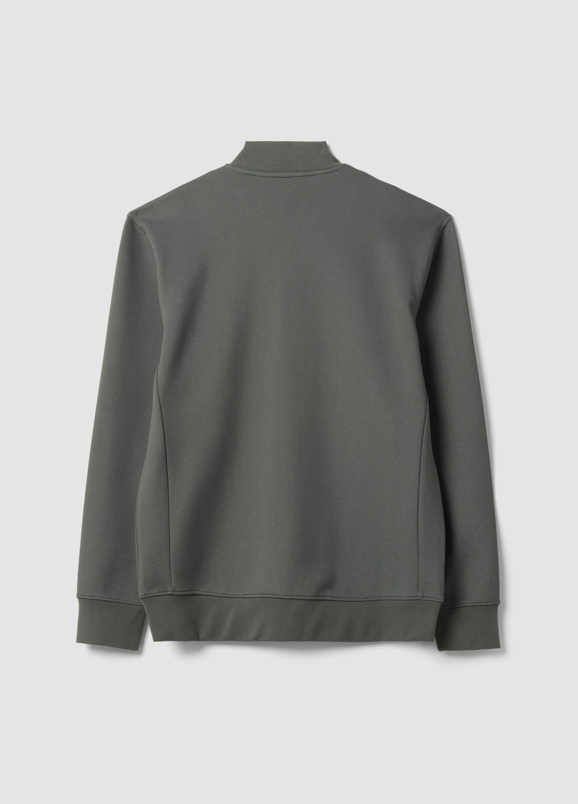 Grey full-zip piqu&eacute; sweatshirt in stretch fabric with ribbed collar