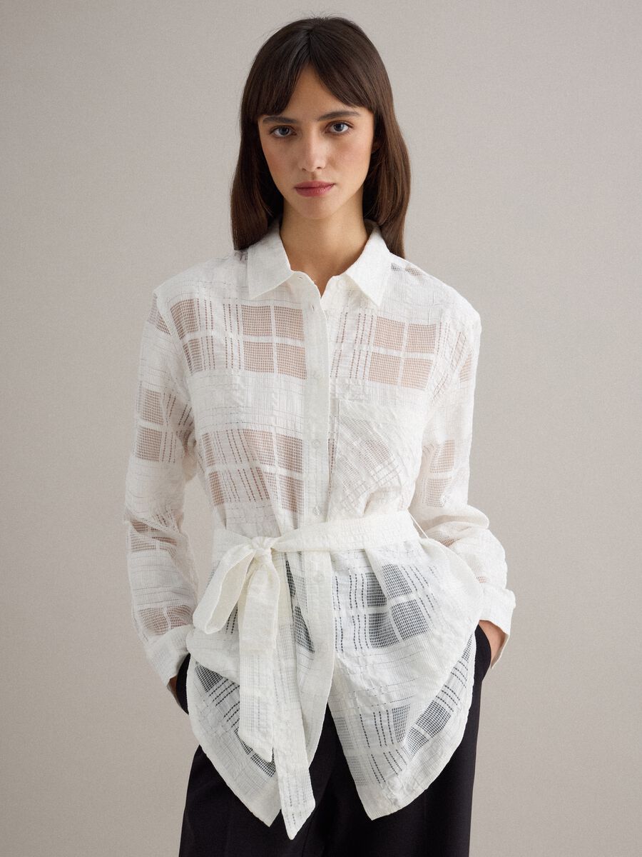 White viscose blend oversized fit semi-transparent check shirt_0