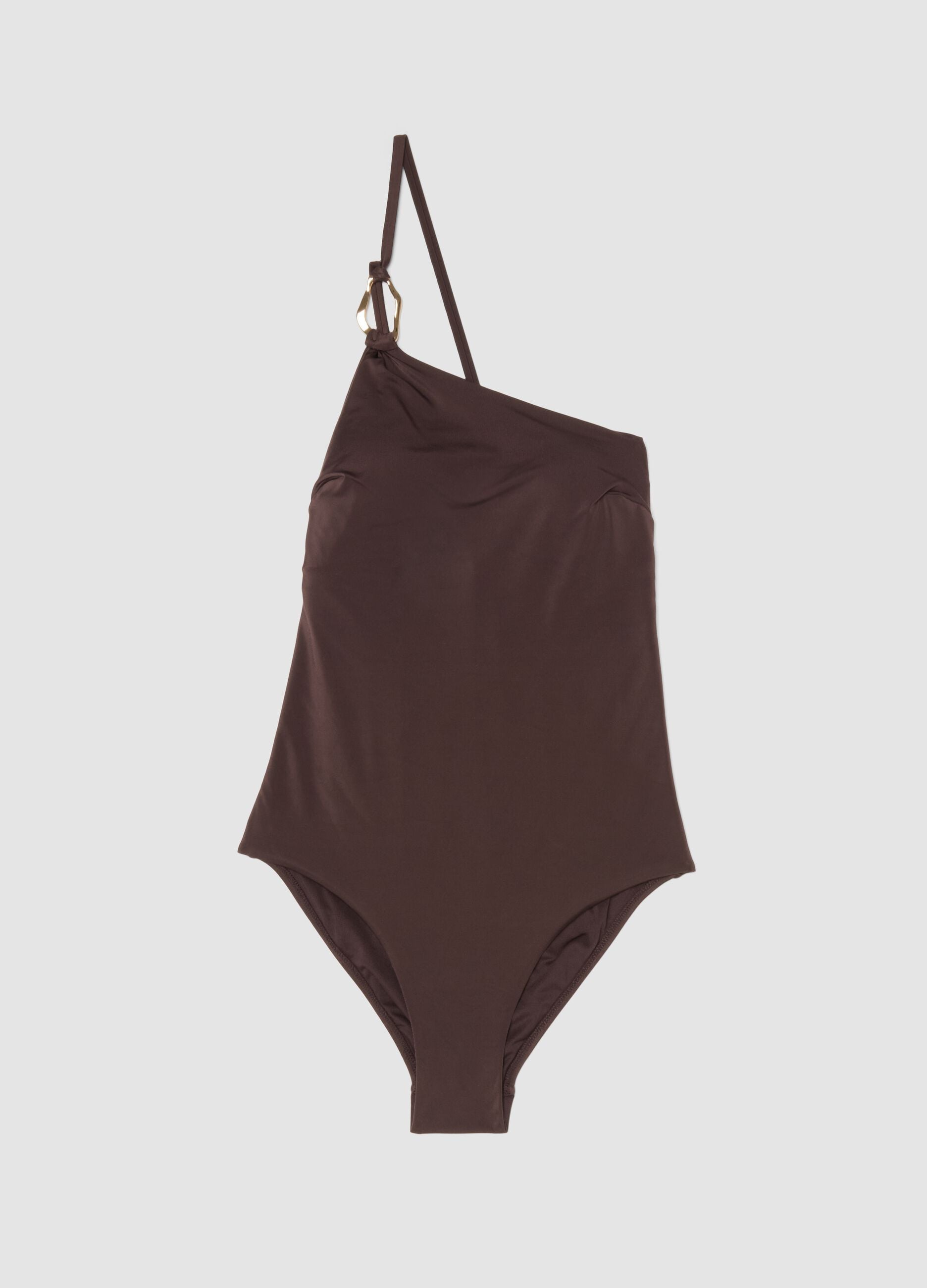 Brown one-shoulder swimsuit in stretch fabric