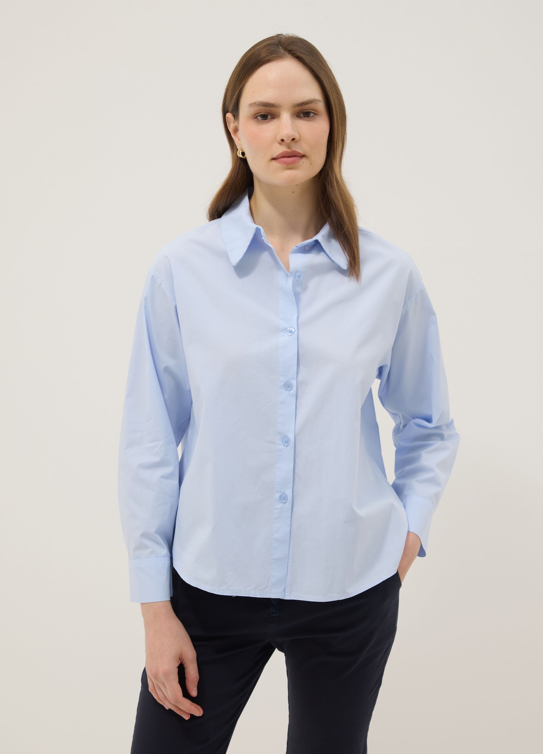 Sky-blue pure cotton slim-fit shirt