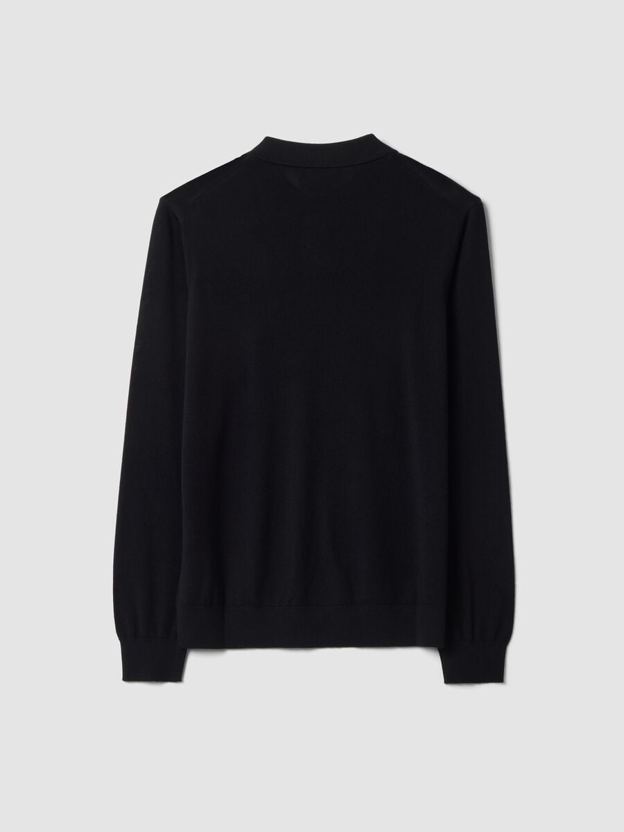Maglia polo nera in pura lana merino con colletto polo_2
