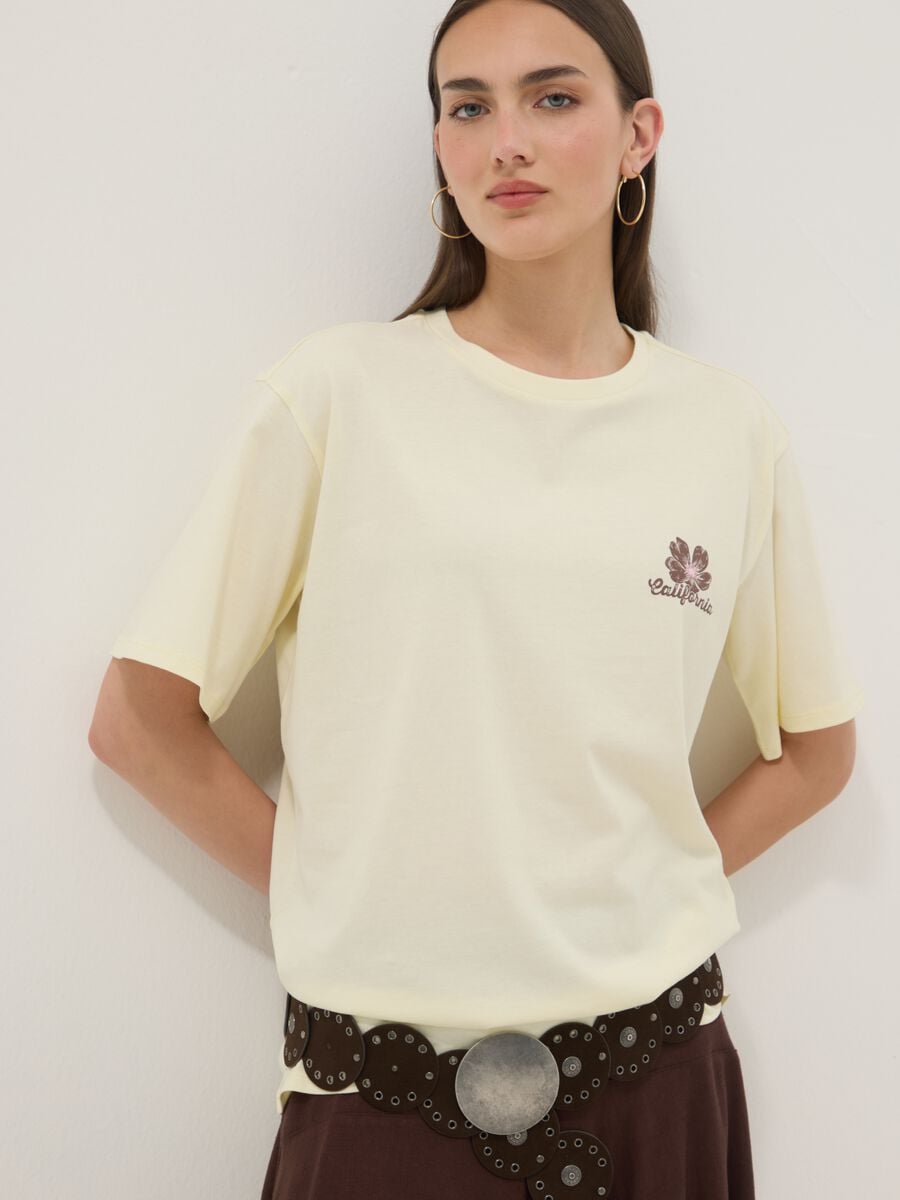 Yellow pure cotton T-shirt with contrast print, relaxed fit_1