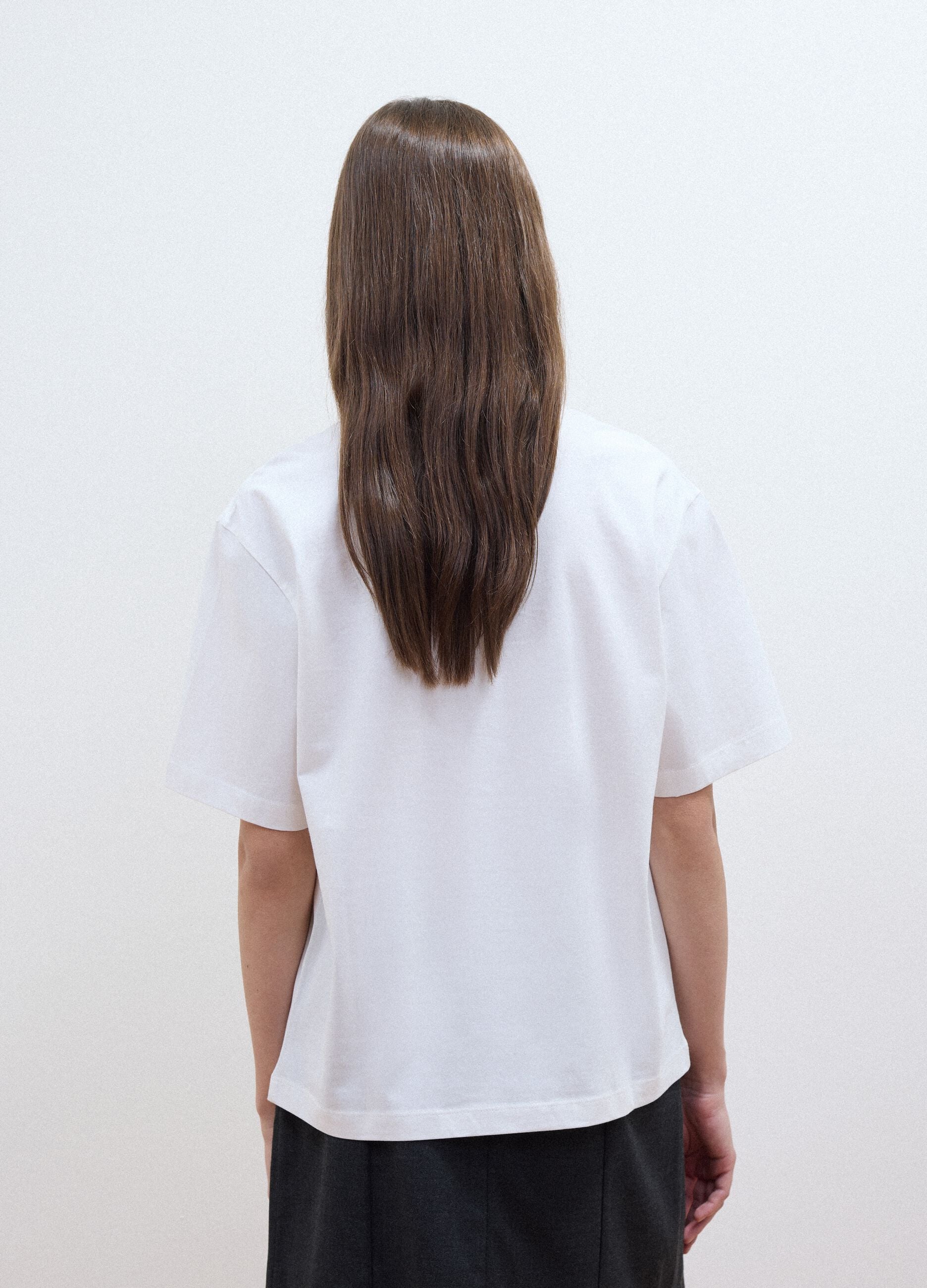 White pure cotton crew-neck T-shirt with print, relaxed fit