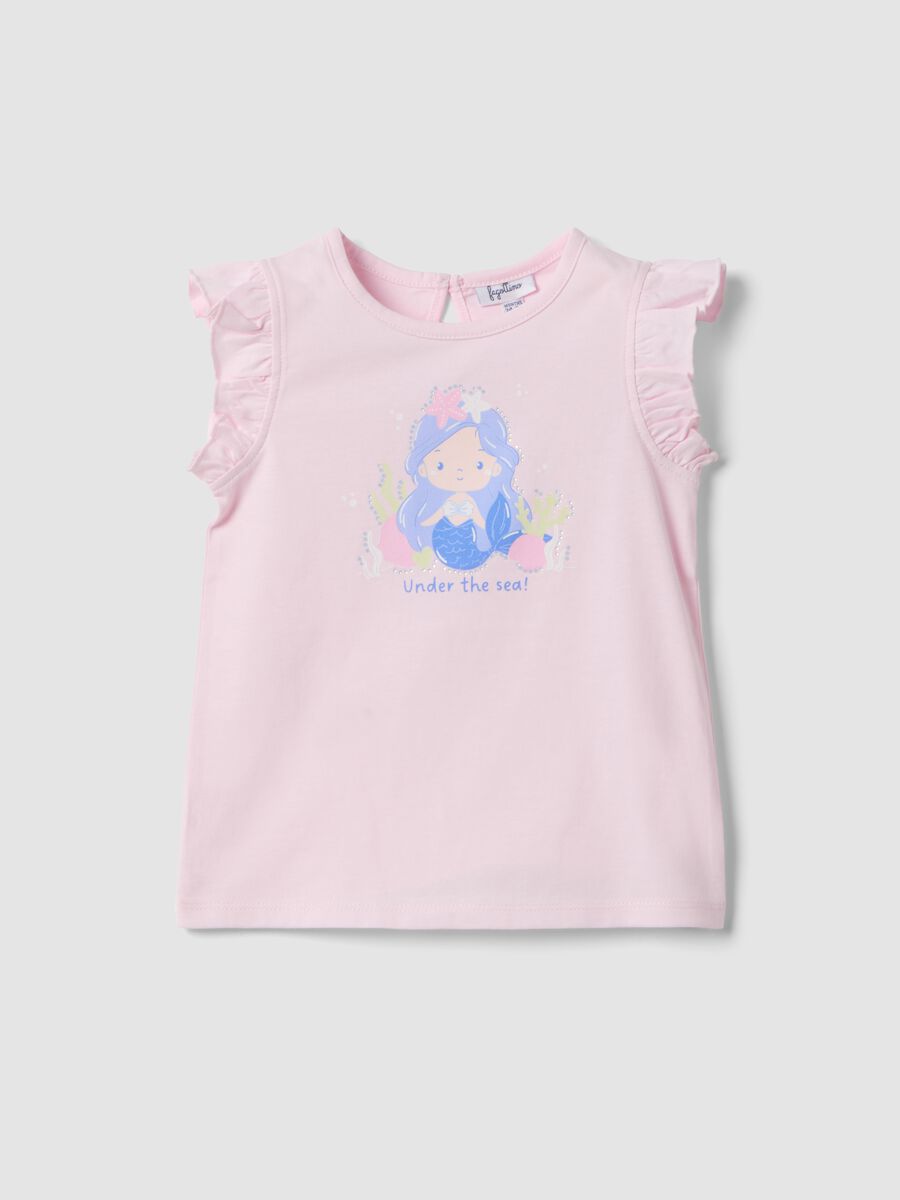 Pink organic cotton girls&rsquo; tank top with print and ruffles_0