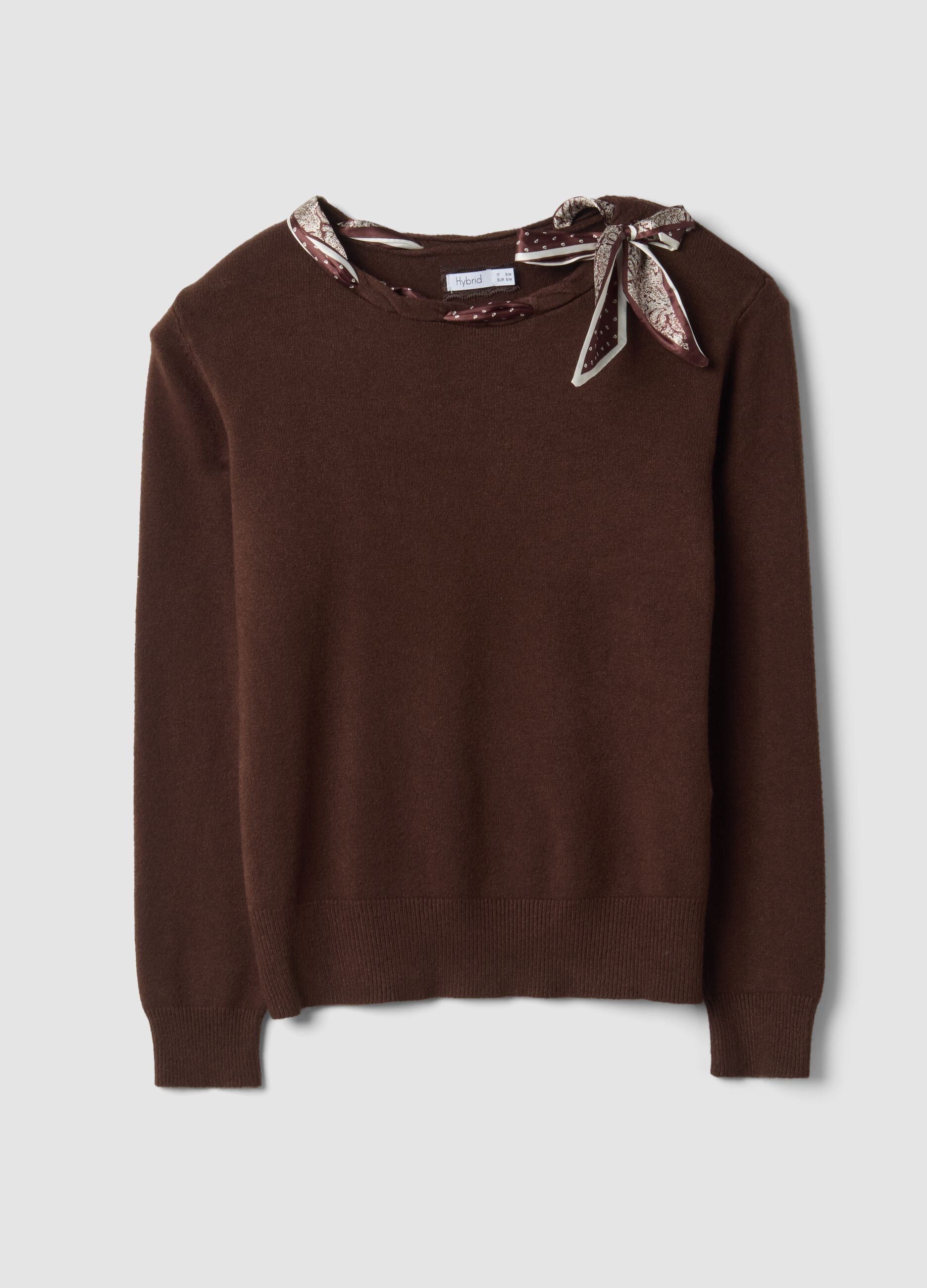 Brown viscose-blend jumper with neck scarf, regular fit