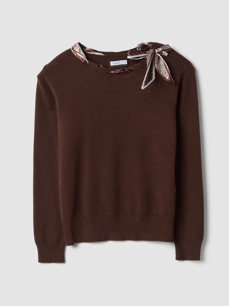 Brown viscose-blend jumper with neck scarf, regular fit_0