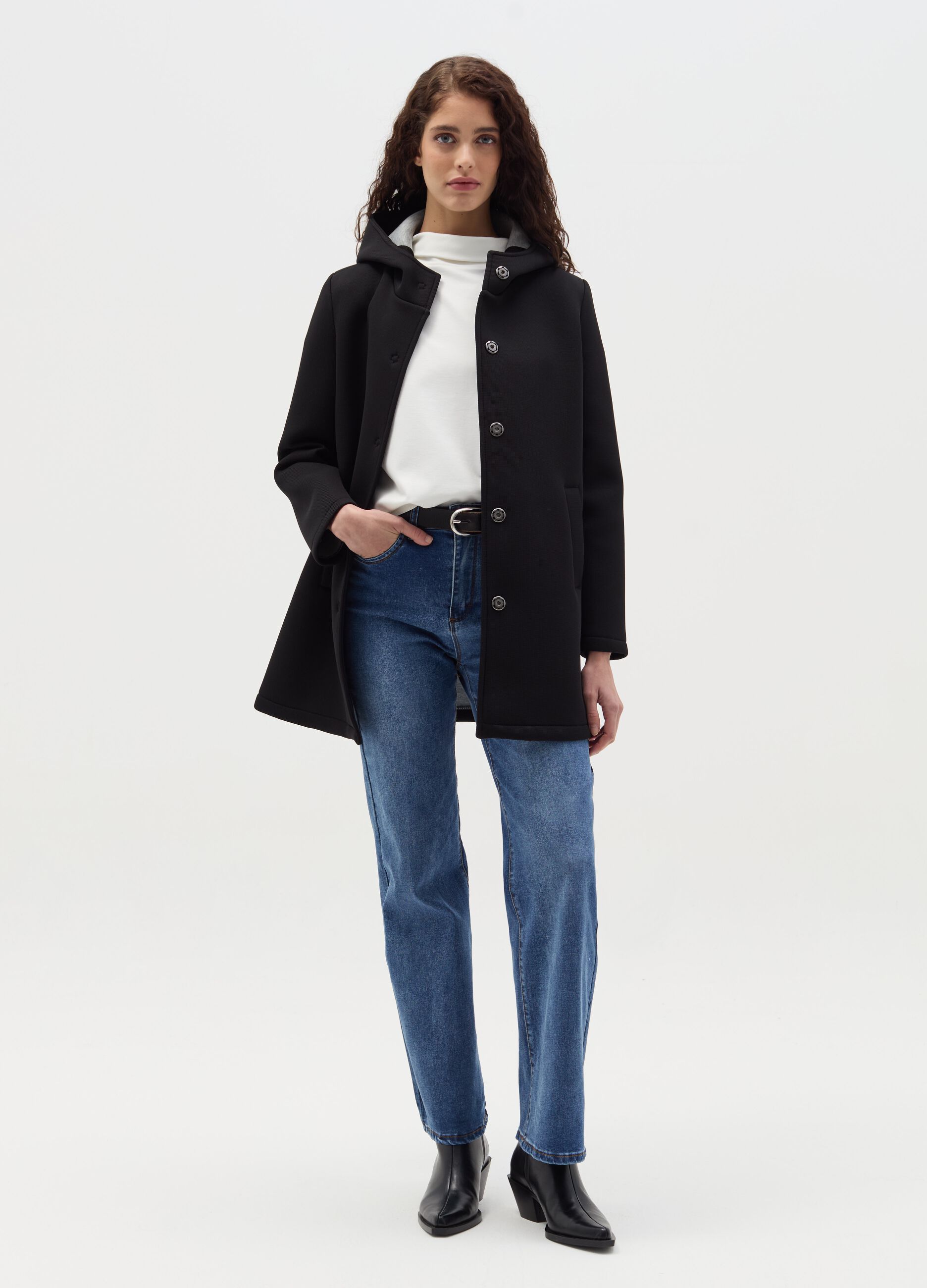 Long jacket with buttons and hood