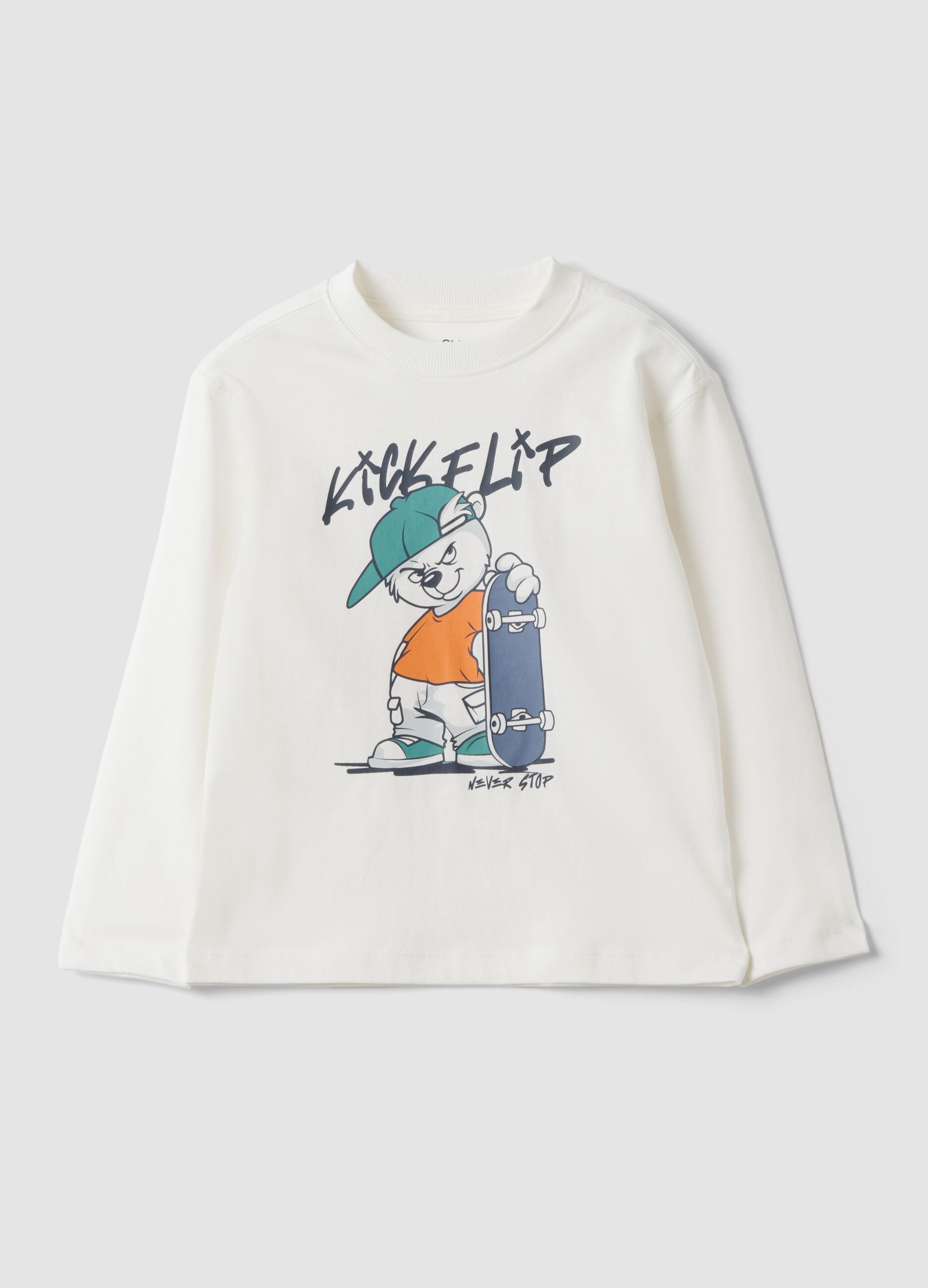 White pure cotton oversized fit T-shirt with skate print for boys