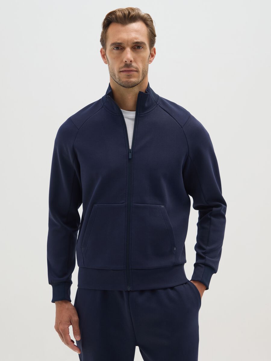 Blue cotton blend regular fit zip sweatshirt_0
