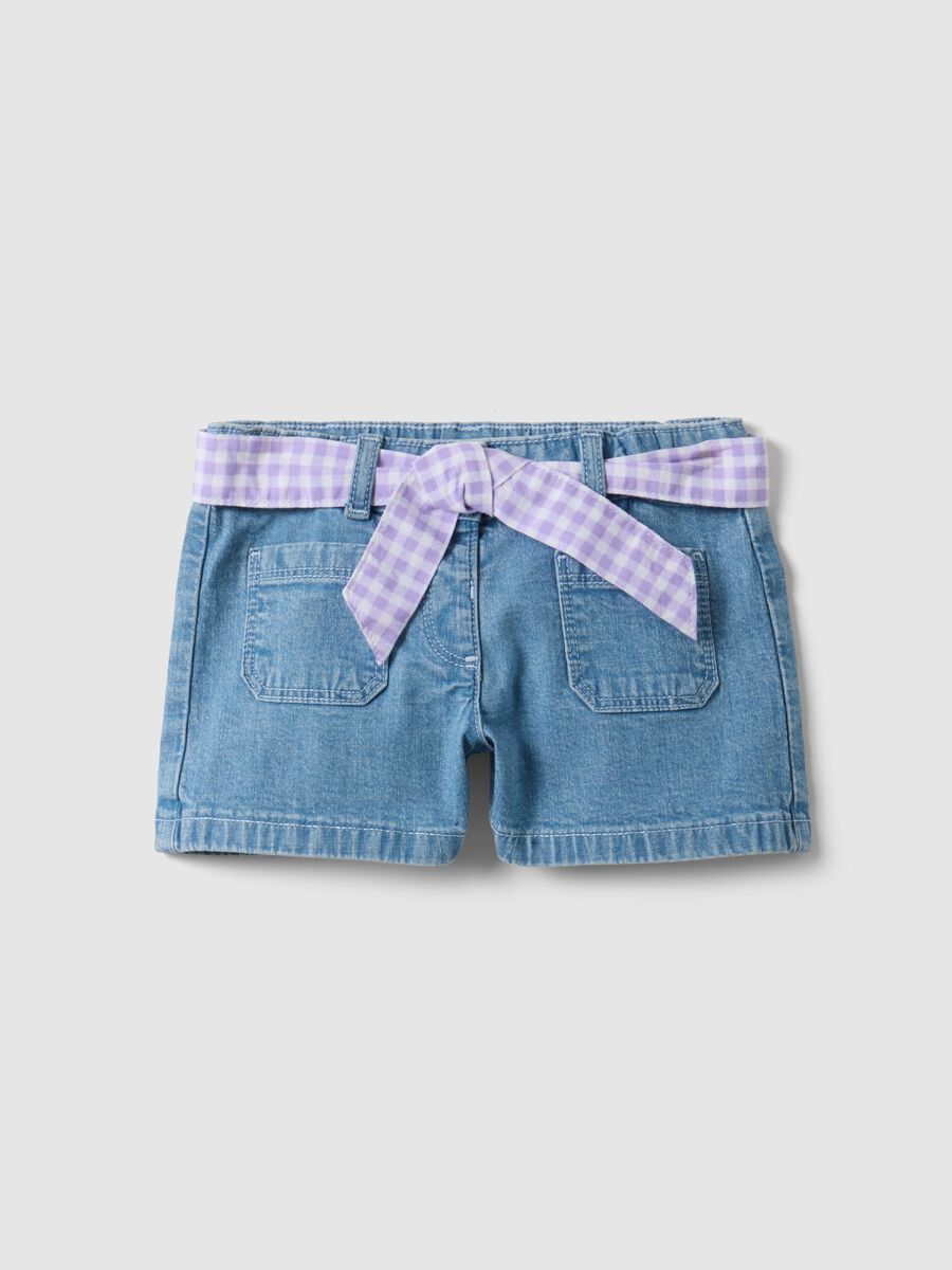 Shorts denim blu in cotone elasticizzato da bimba con cintura vichy_0