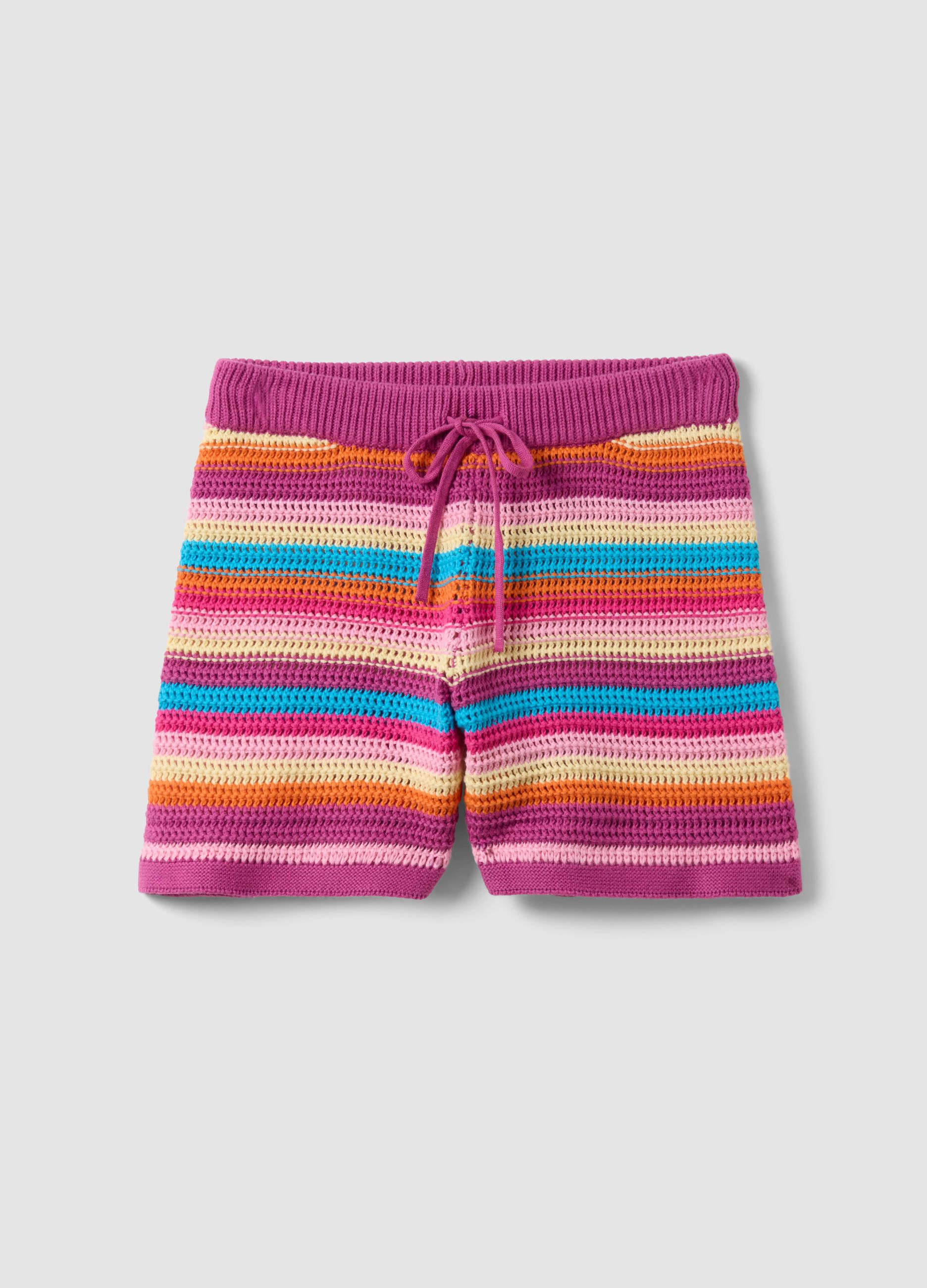 Multicolour striped pure cotton crochet shorts
