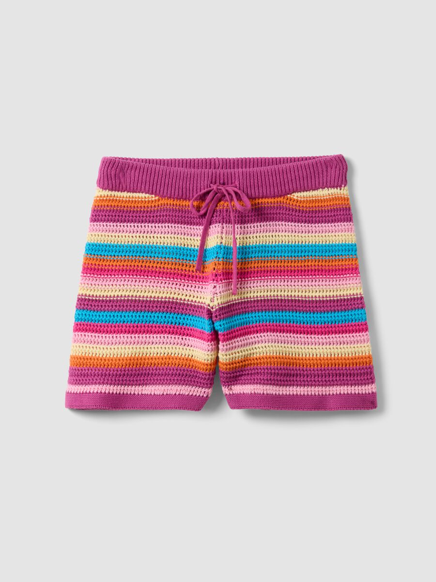 Multicolour striped pure cotton crochet shorts_0
