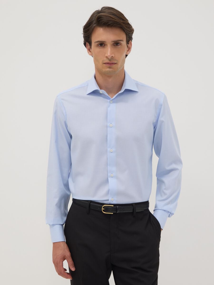 Camicia azzurra in puro cotone con colletto classico slim fit no iron_0